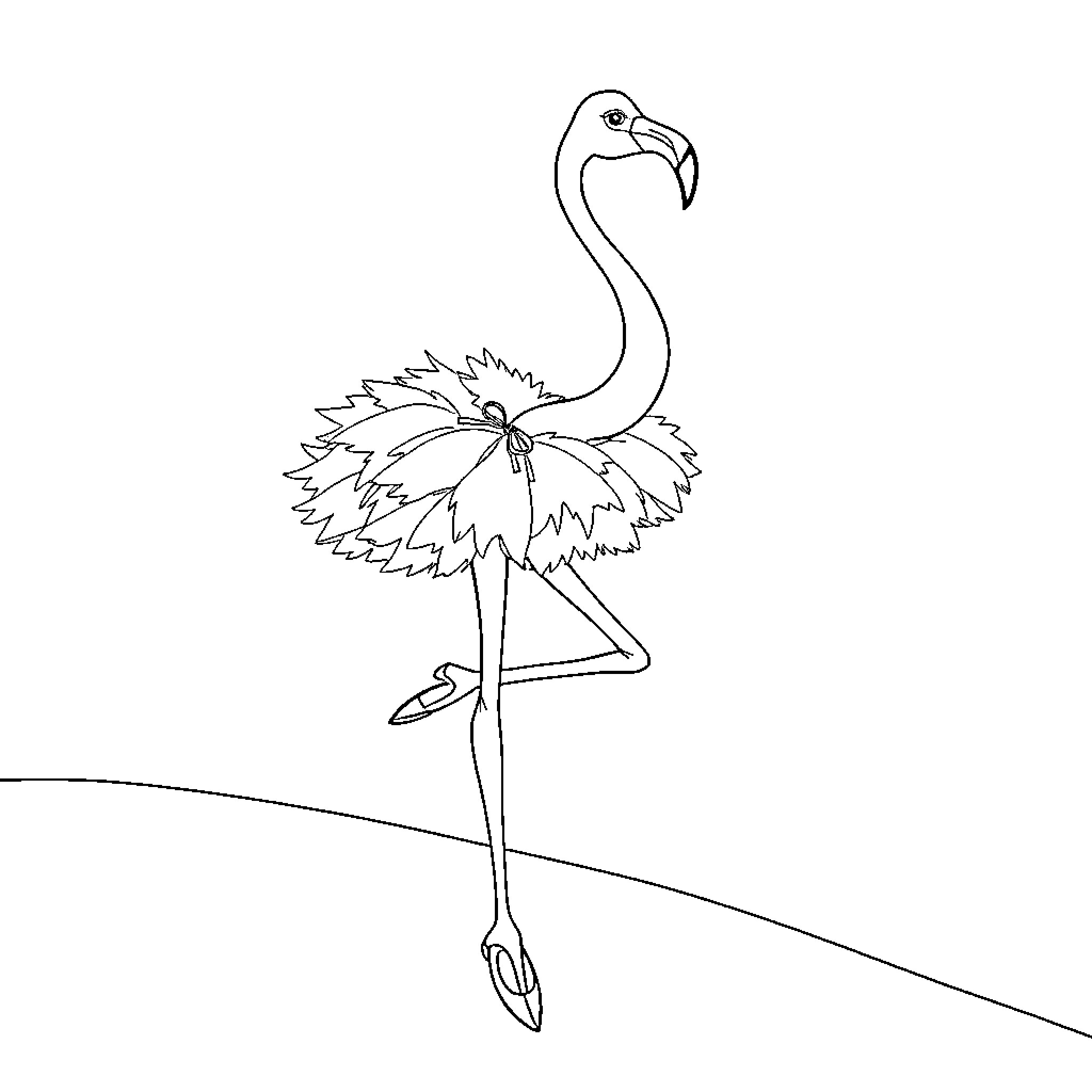 Flamingo gracefully standing on one leg Coloring Page (free black-and-white line drawing printable PDF for all, from beginners to advanced learners, including children, teens, adults, and seniors)