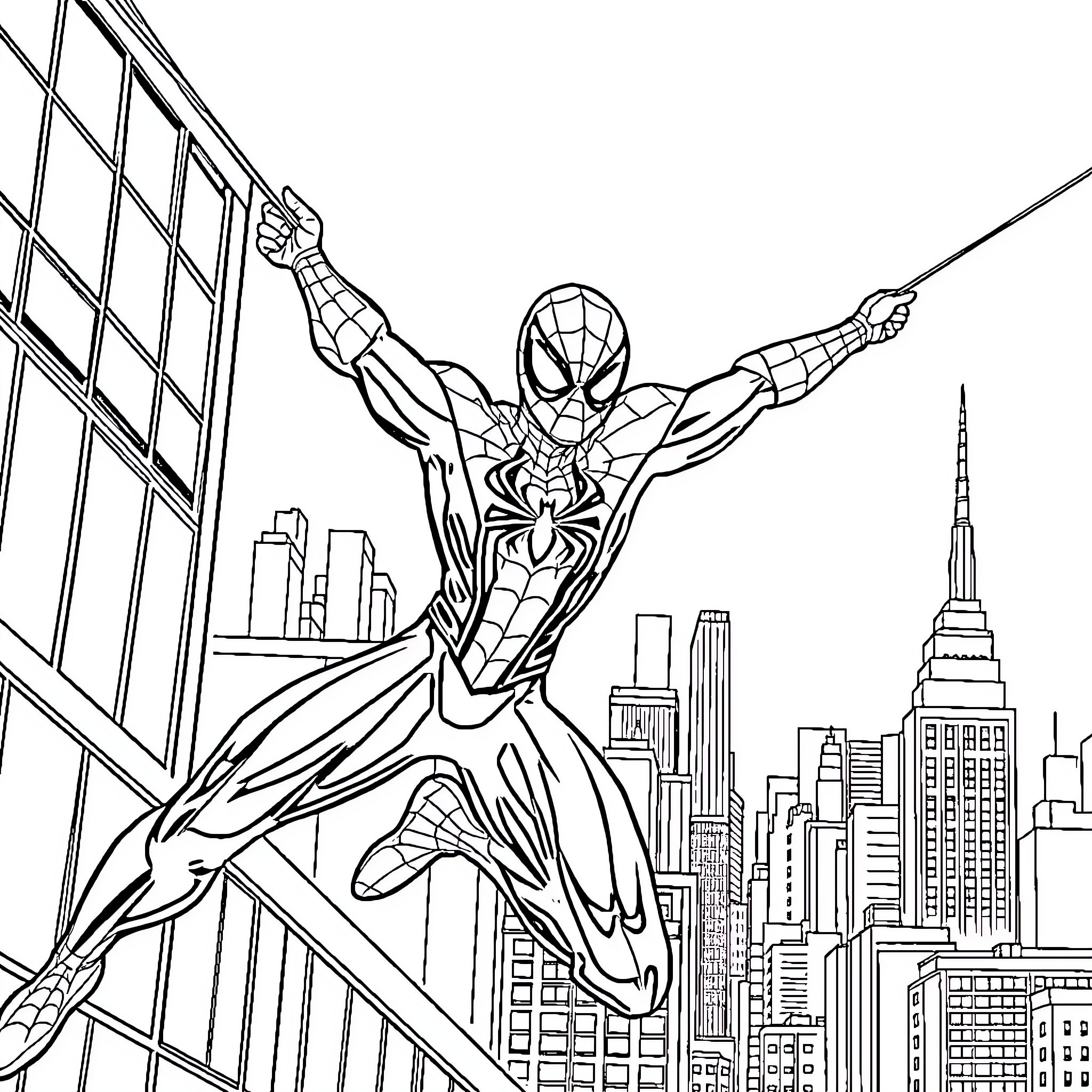 Spider-Man swinging through the city skyline Coloring Page (free black-and-white line drawing printable PDF for all, from beginners to advanced learners, including children, teens, adults, and seniors)