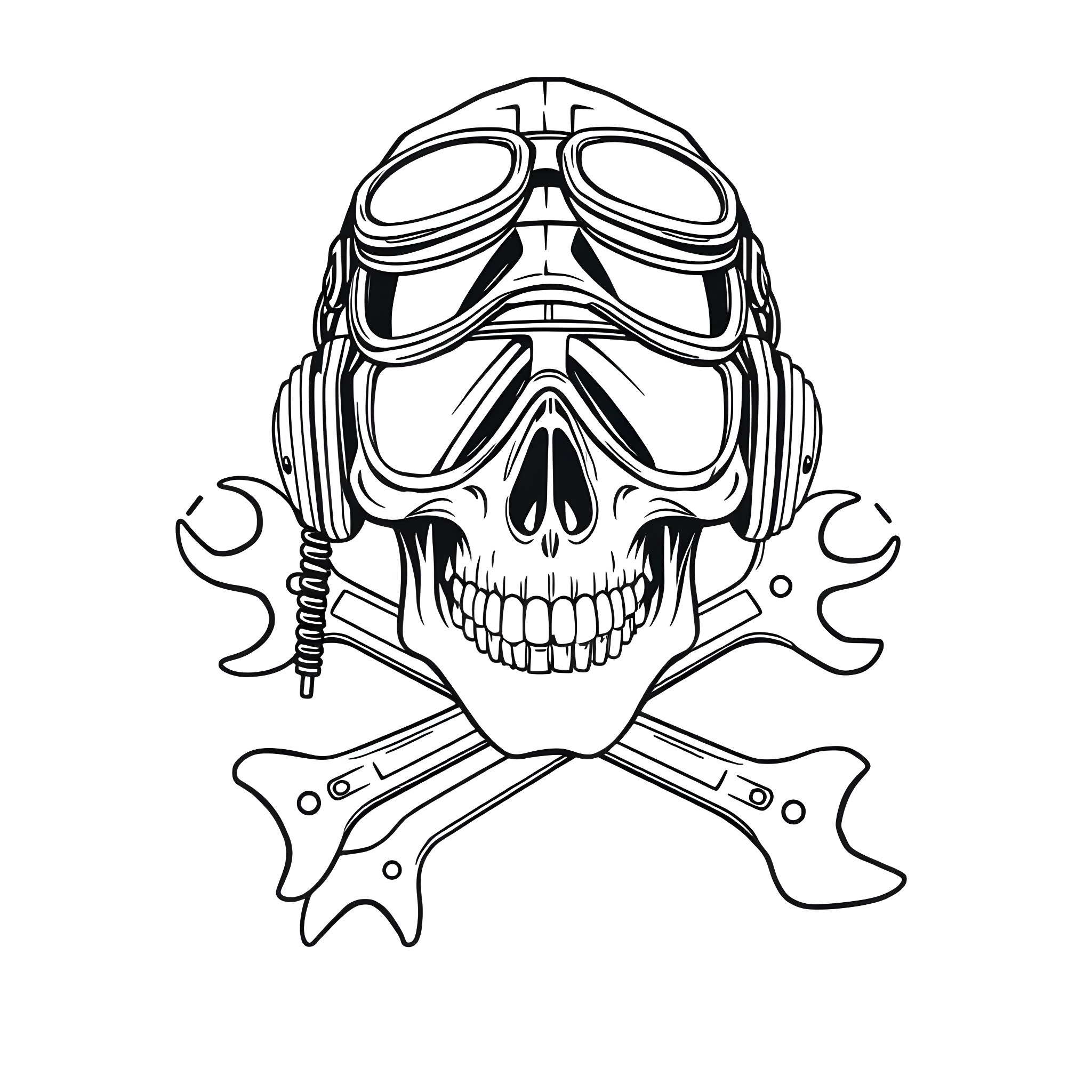 Skull of a biker with goggles and crossed wrenches Coloring Page (free black-and-white line drawing printable PDF for all, from beginners to advanced learners, including children, teens, adults, and seniors)