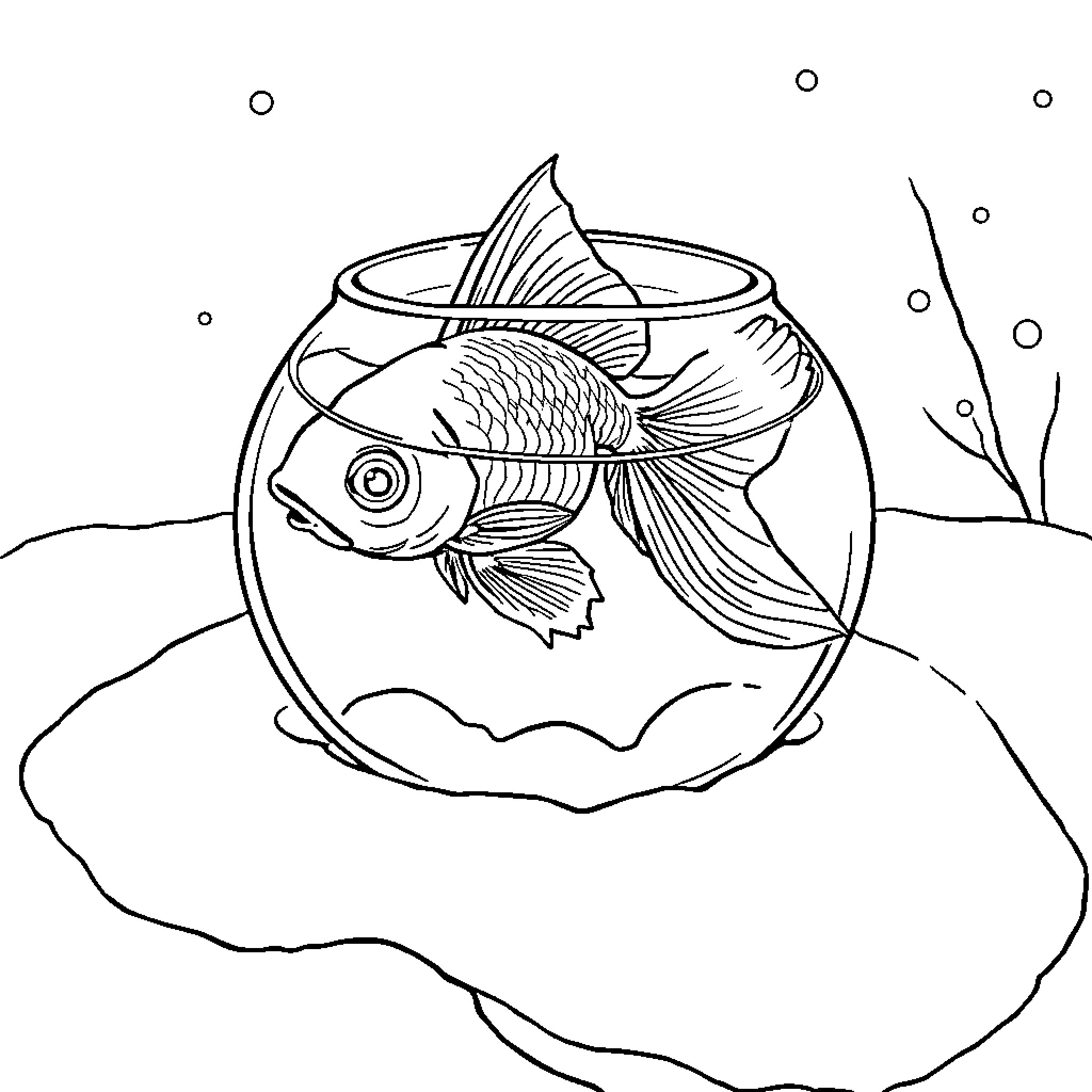 Goldfish swimming gracefully in a fishbowl Coloring Page (free black-and-white line drawing printable PDF for all, from beginners to advanced learners, including children, teens, adults, and seniors)