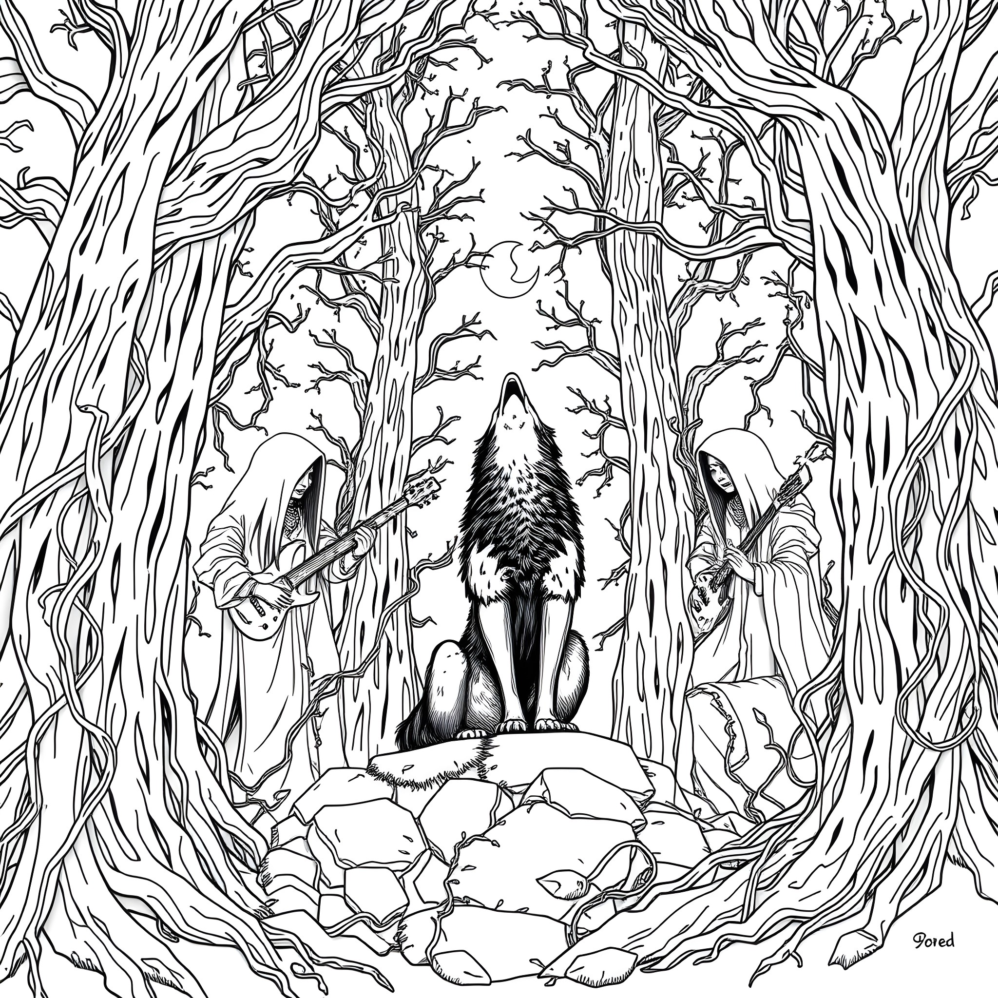 Wolf Howling in the Enchanted Forest Coloring Page (free black-and-white line drawing printable PDF for all, from beginners to advanced learners, including children, teens, adults, and seniors)