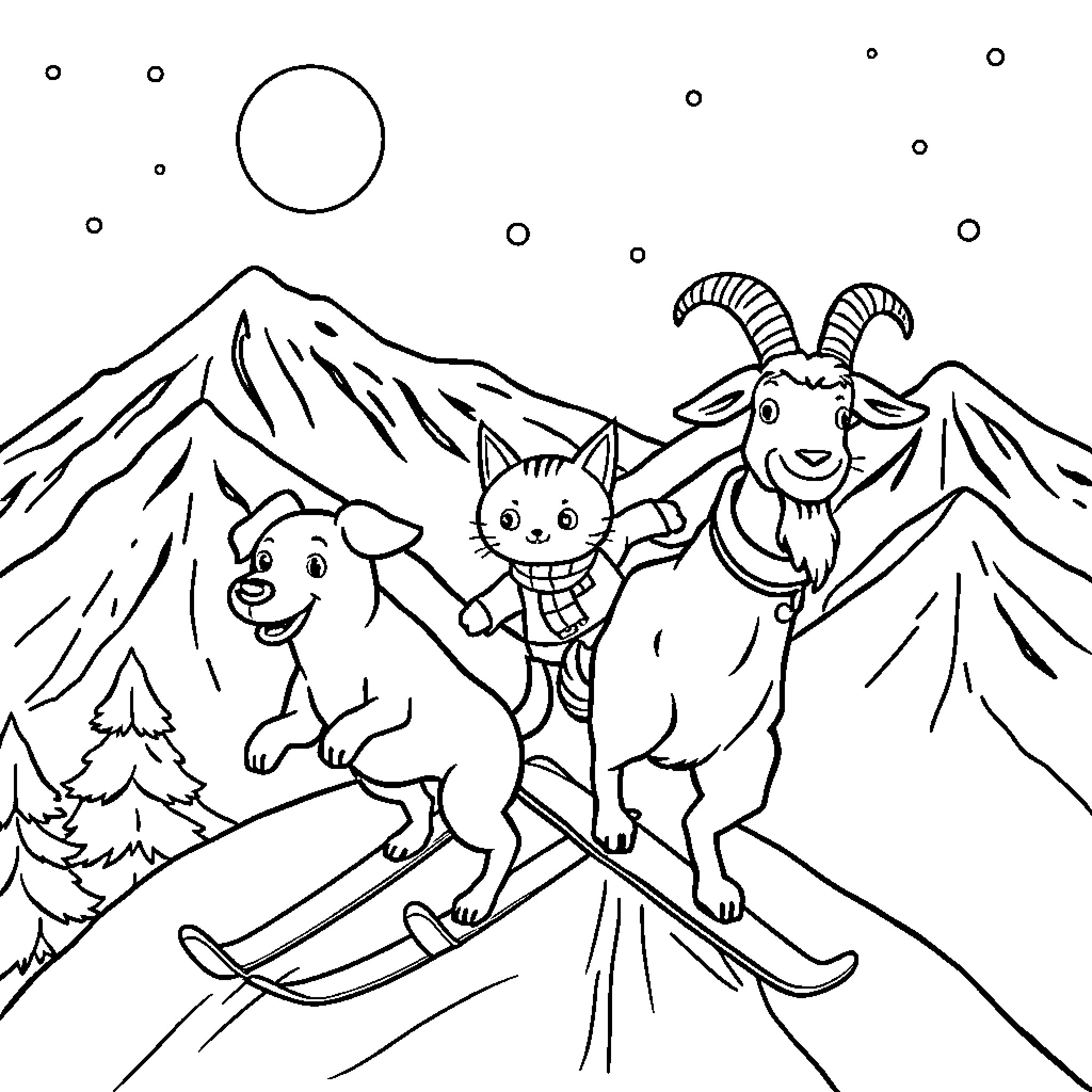 Dog friends skiing and hiking in the mountains Coloring Page (free black-and-white line drawing printable PDF for all, from beginners to advanced learners, including children, teens, adults, and seniors)
