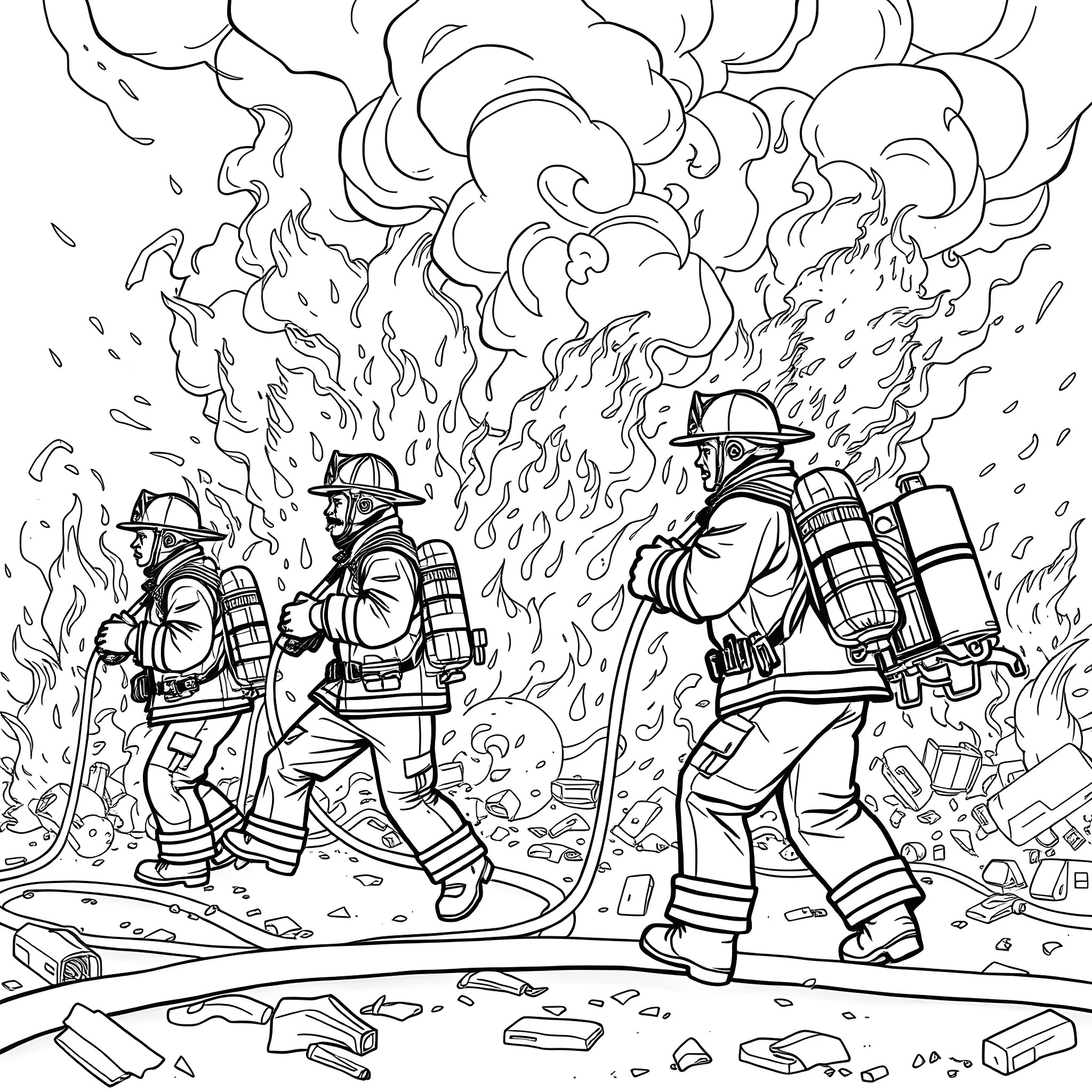 Firefighters Bravely Battling Intense Flames Coloring Page (free black-and-white line drawing printable PDF for all, from beginners to advanced learners, including children, teens, adults, and seniors)