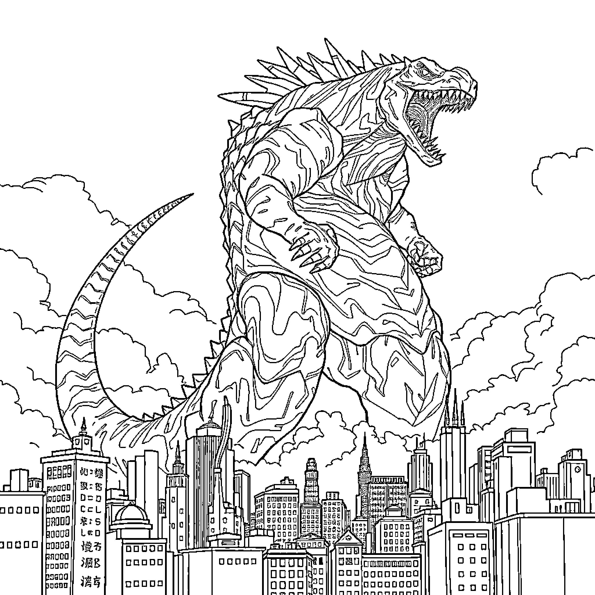 Kaiju Rampaging Through Cityscape Coloring Page (free black-and-white line drawing printable PDF for all, from beginners to advanced learners, including children, teens, adults, and seniors)