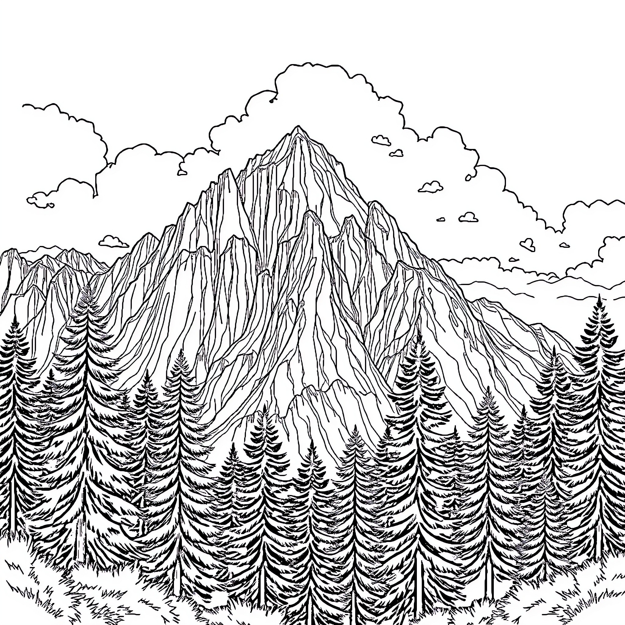 Mountain Landscape with Towering Peaks and Evergreen Forest Coloring Page (free black-and-white line drawing printable PDF for all, from beginners to advanced learners, including children, teens, adults, and seniors)