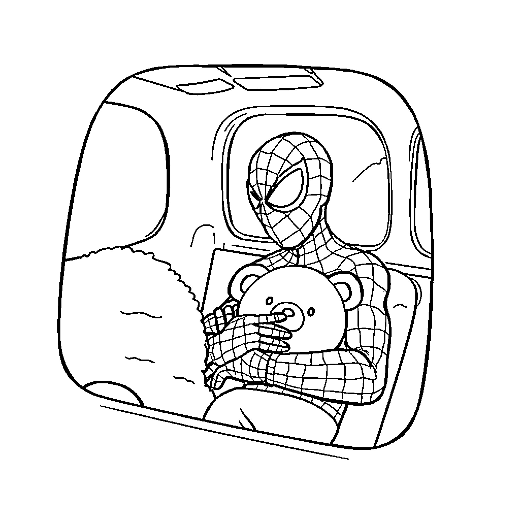 Spiderman snuggling a plush toy in a vehicle Coloring Page (free black-and-white line drawing printable PDF for all, from beginners to advanced learners, including children, teens, adults, and seniors)