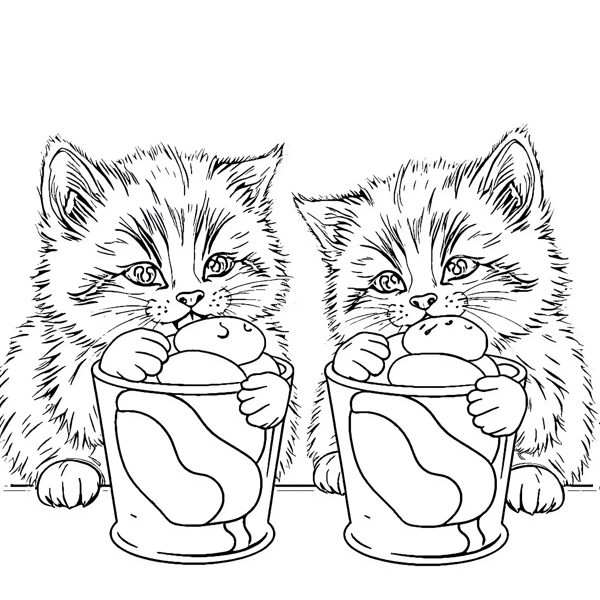 Kittens playing in cups Coloring Page (free black-and-white line drawing printable PDF for all, from beginners to advanced learners, including children, teens, adults, and seniors)