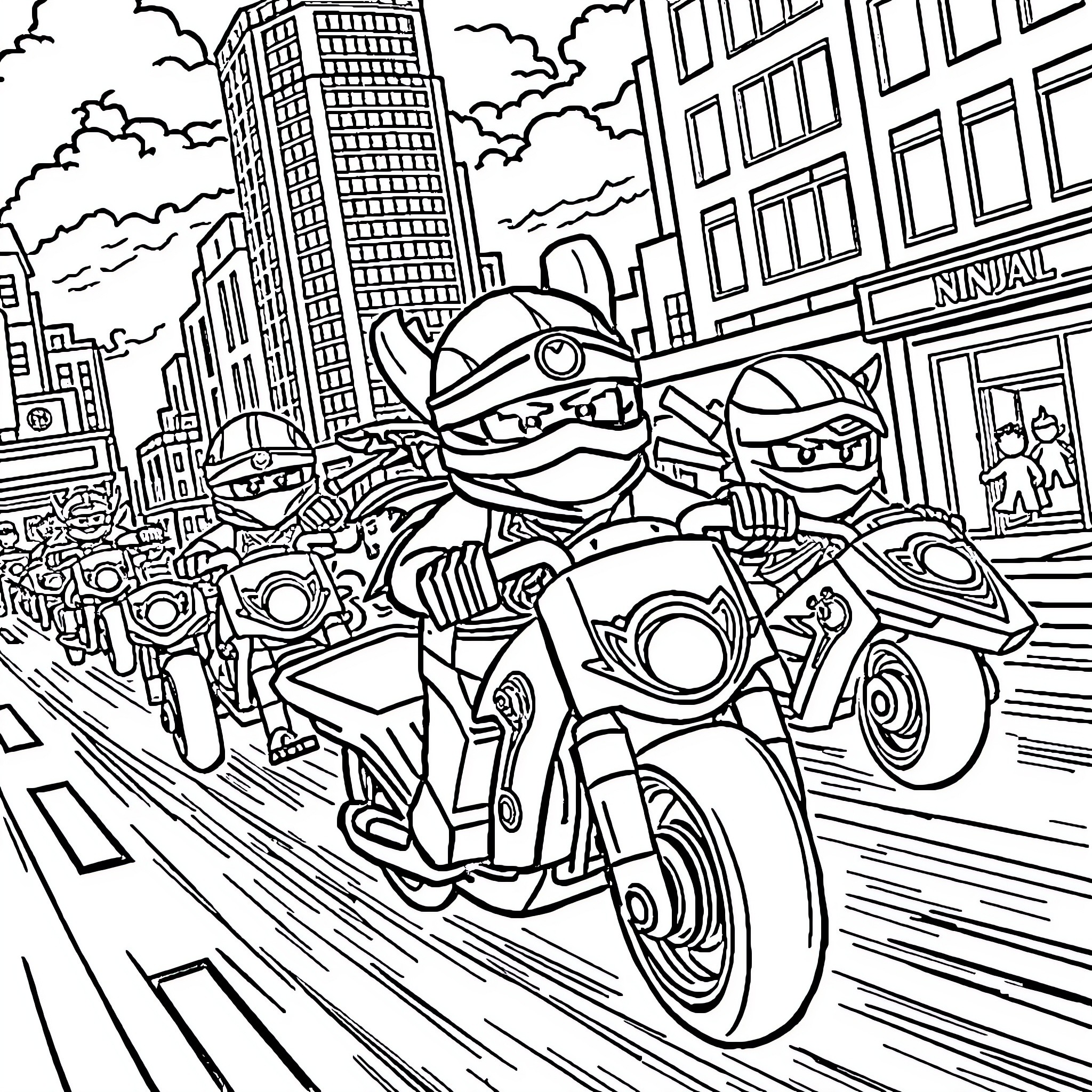 Ninjago Characters Racing Through City Streets Coloring Page (free black-and-white line drawing printable PDF for all, from beginners to advanced learners, including children, teens, adults, and seniors)