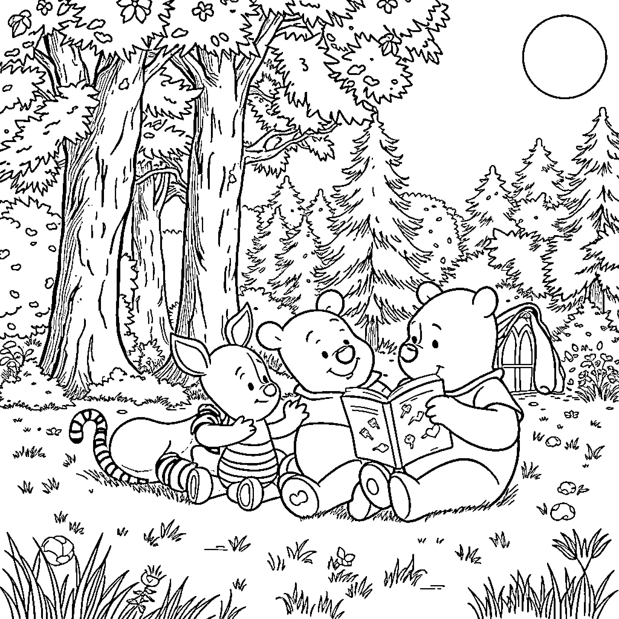 Winnie The Pooh and friends enjoying a peaceful day in the forest Coloring Page (free black-and-white line drawing printable PDF for all, from beginners to advanced learners, including children, teens, adults, and seniors)