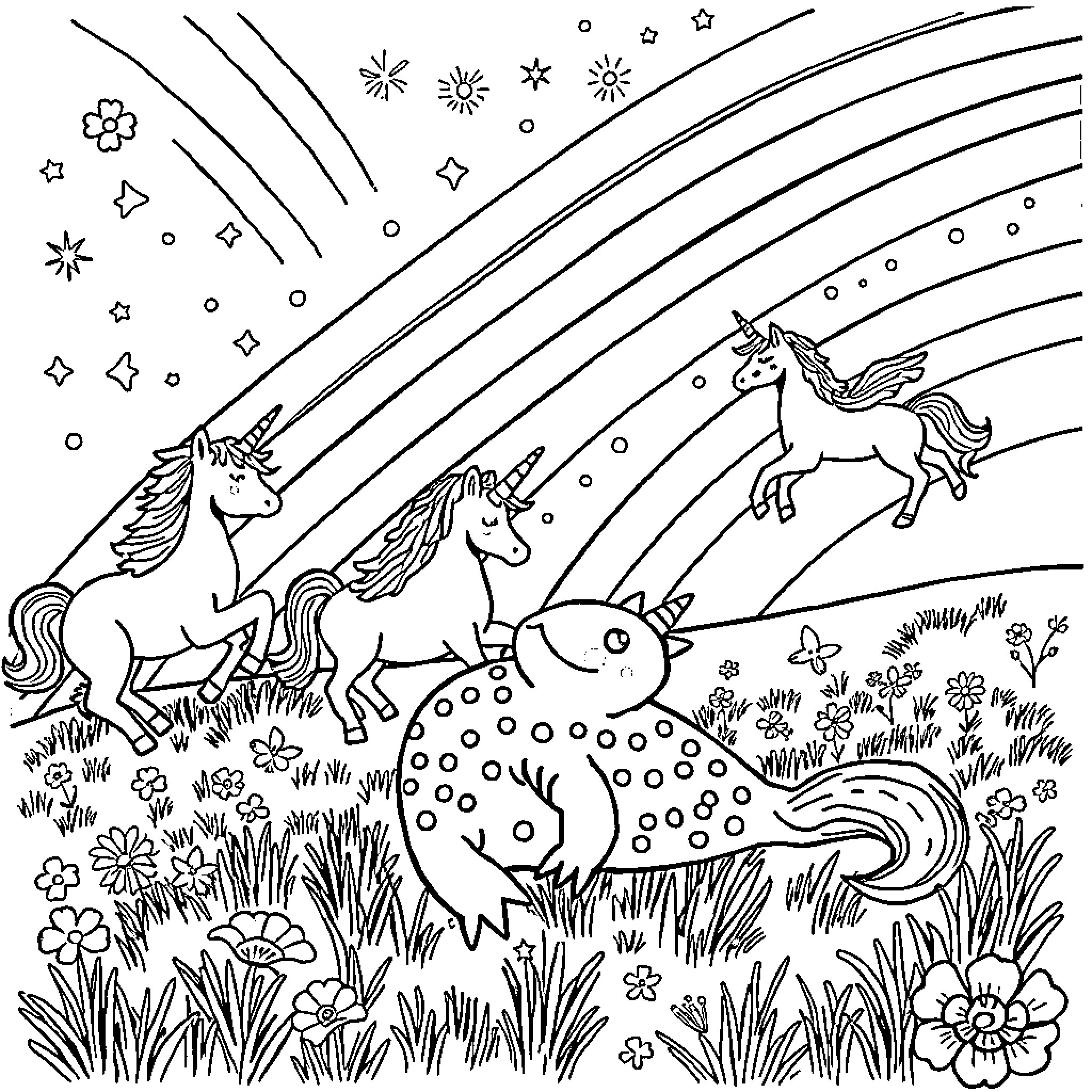 Axolotl and Unicorns in a Whimsical Landscape Coloring Page (free black-and-white line drawing printable PDF for all, from beginners to advanced learners, including children, teens, adults, and seniors)