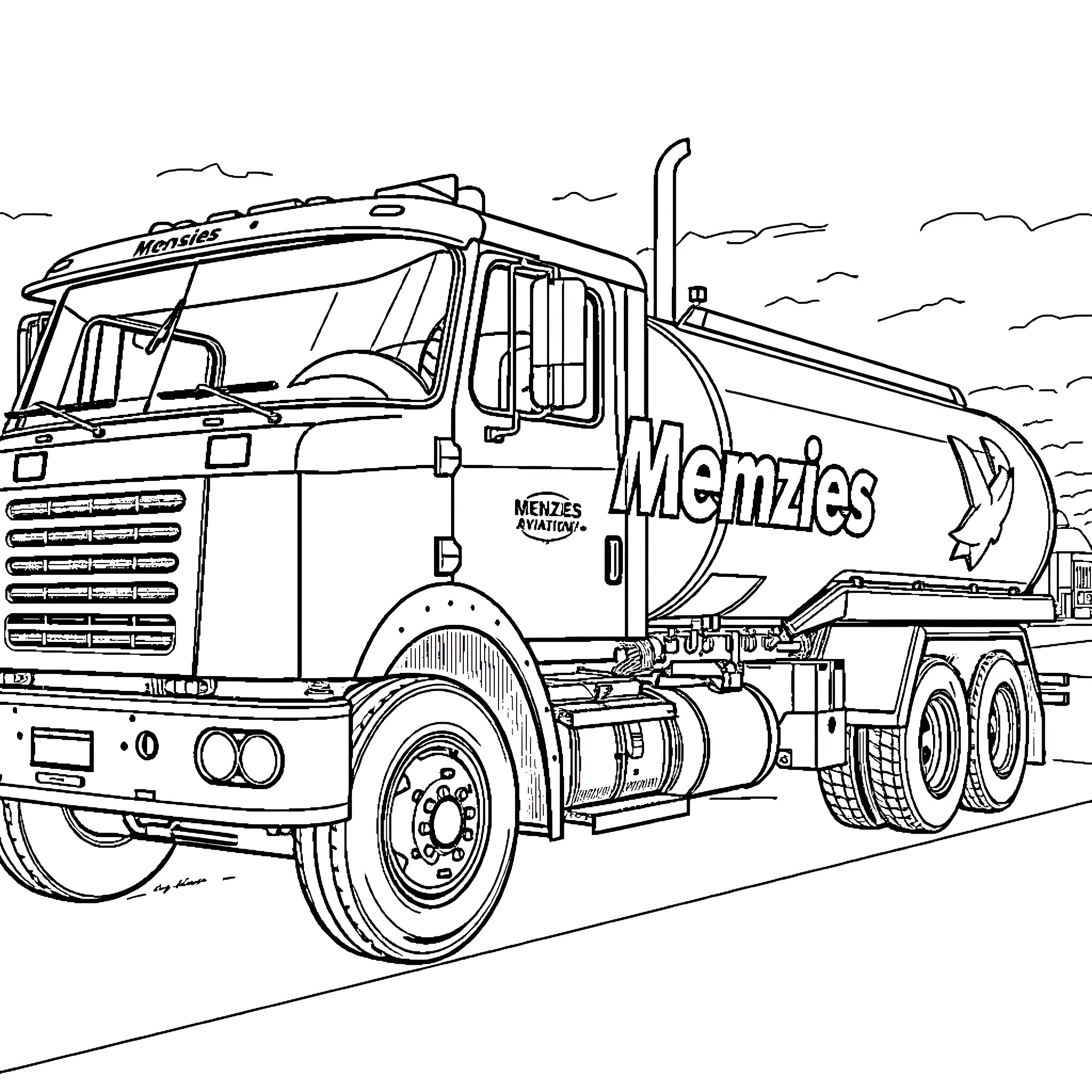 Aircraft Fuel Truck Transporting Supplies on the Road Coloring Page (free black-and-white line drawing printable PDF for all, from beginners to advanced learners, including children, teens, adults, and seniors)