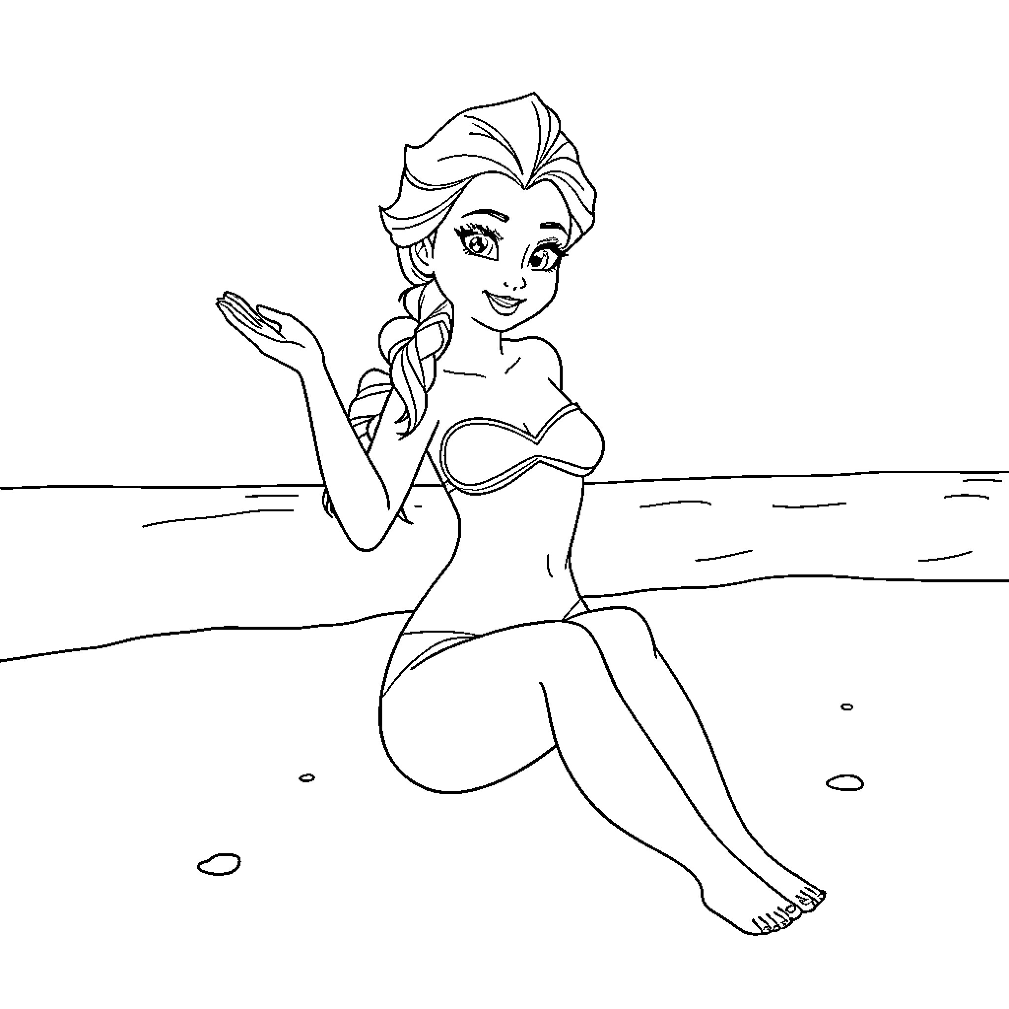Elsa enjoying a relaxing day by the ocean Coloring Page (free black-and-white line drawing printable PDF for all, from beginners to advanced learners, including children, teens, adults, and seniors)