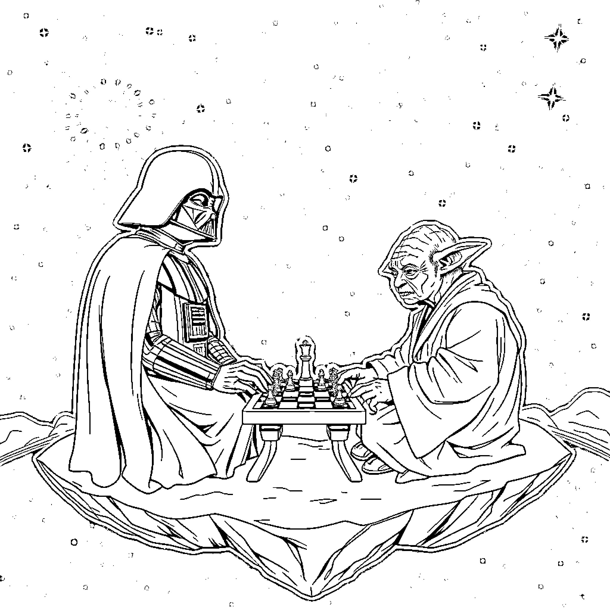 Darth Vader playing chess with an alien warrior Coloring Page (free black-and-white line drawing printable PDF for all, from beginners to advanced learners, including children, teens, adults, and seniors)
