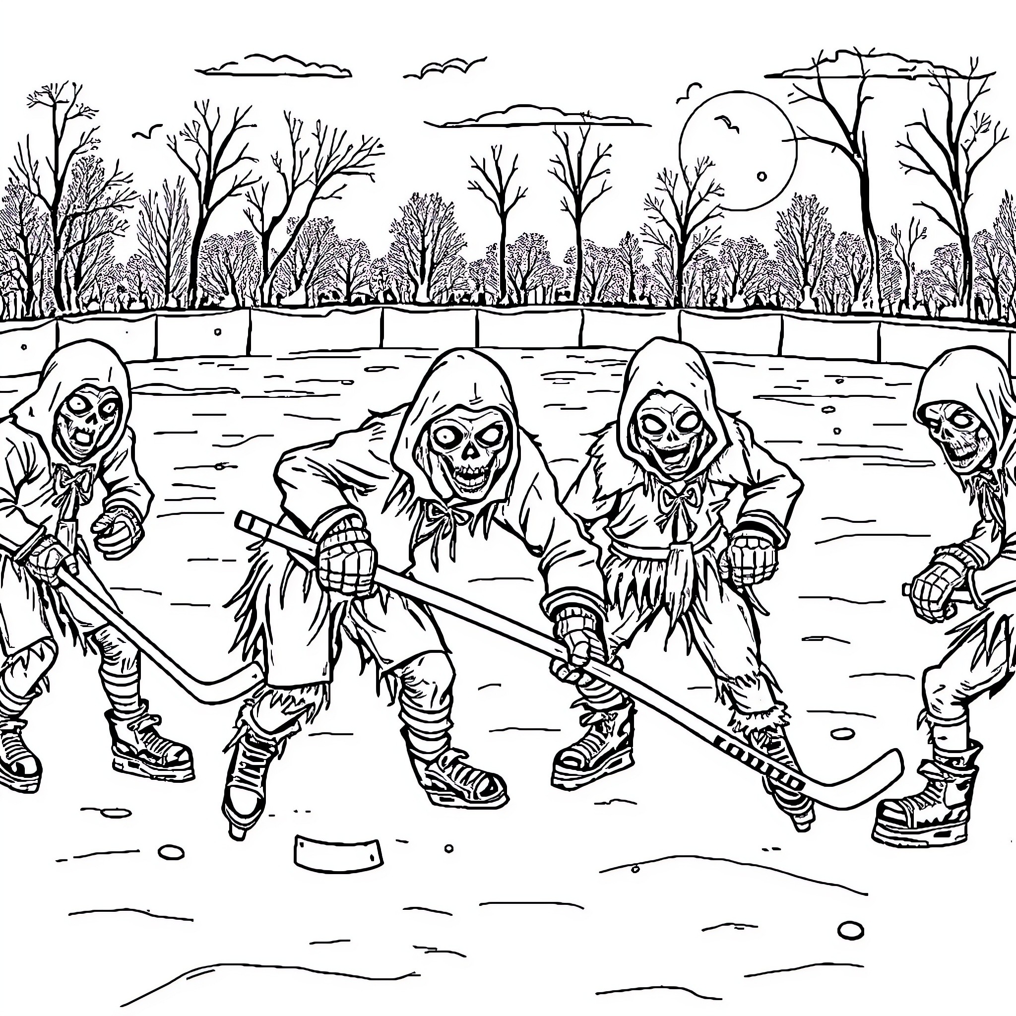 Zombie hockey players in the park Coloring Page (free black-and-white line drawing printable PDF for all, from beginners to advanced learners, including children, teens, adults, and seniors)