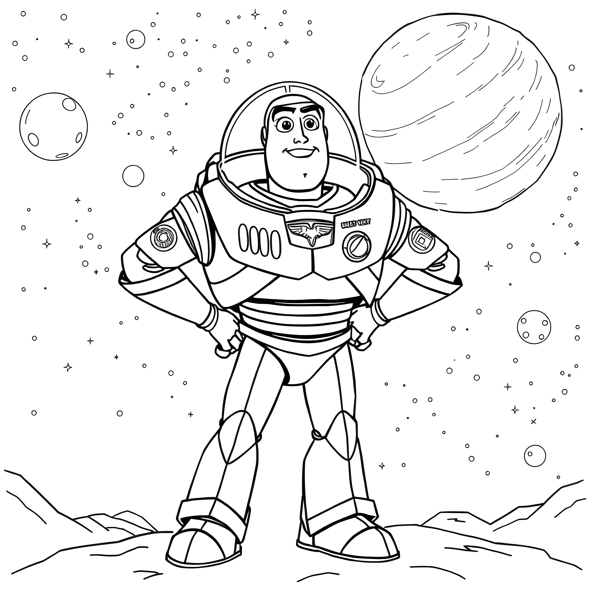 Buzz Lightyear exploring the galaxy in his spaceship Coloring Page (free black-and-white line drawing printable PDF for all, from beginners to advanced learners, including children, teens, adults, and seniors)