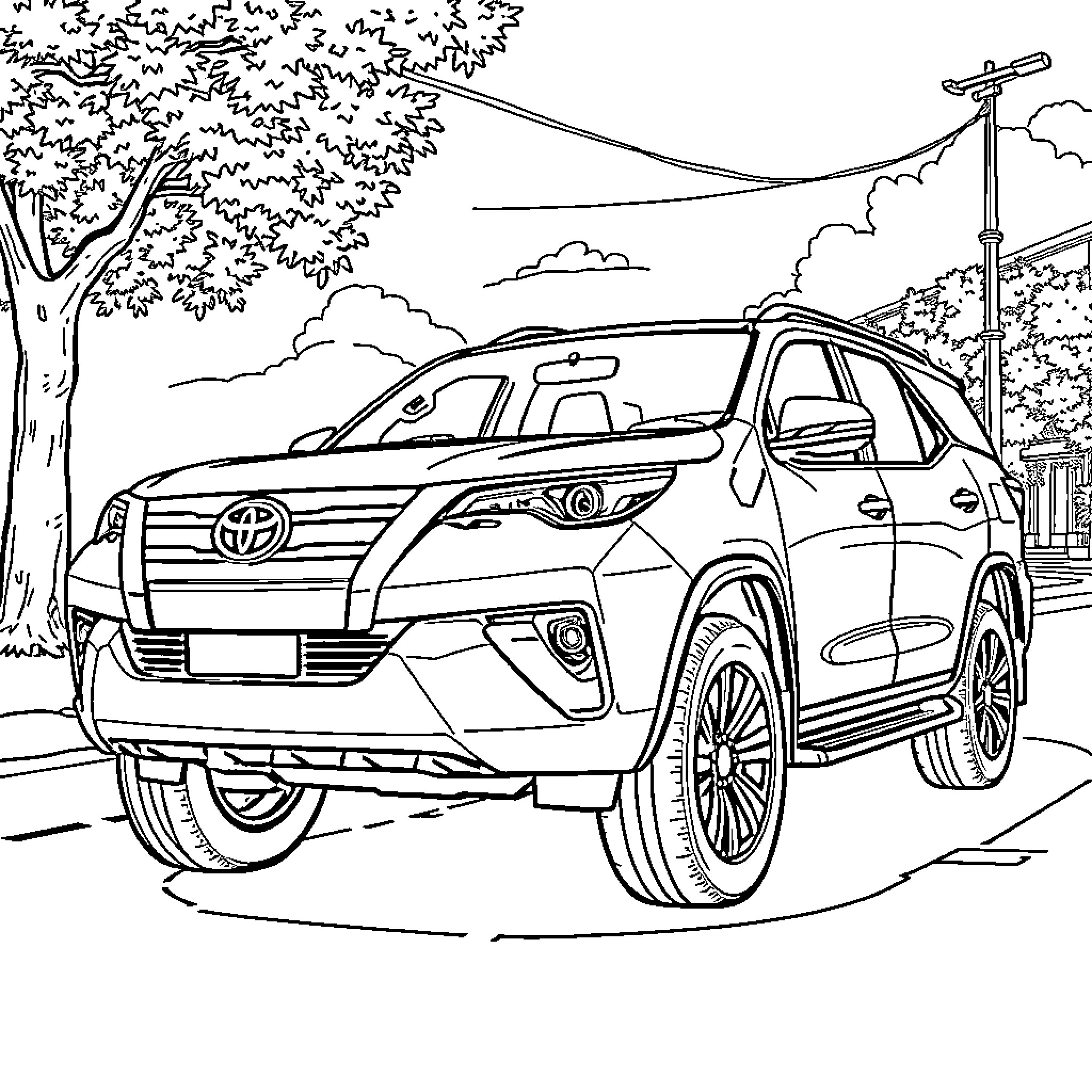 Fortuner SUV parked in scenic outdoor setting Coloring Page (free black-and-white line drawing printable PDF for all, from beginners to advanced learners, including children, teens, adults, and seniors)