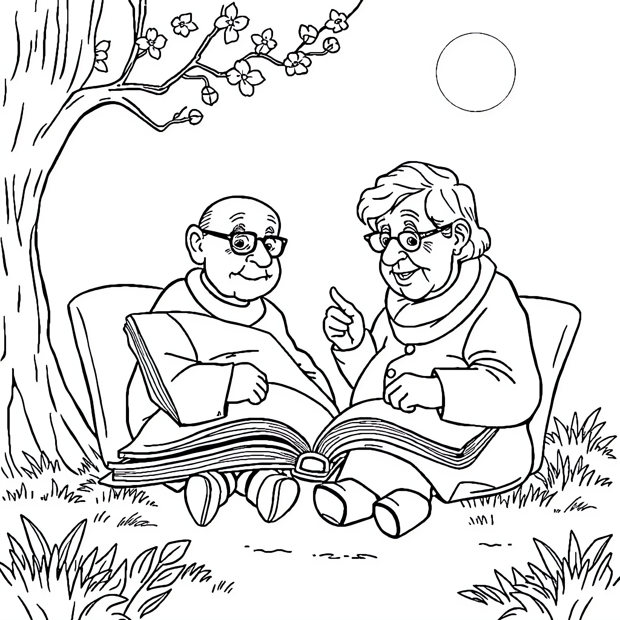 Book of Shared Memories Between Elderly Couple Coloring Page (free black-and-white line drawing printable PDF for all, from beginners to advanced learners, including children, teens, adults, and seniors)