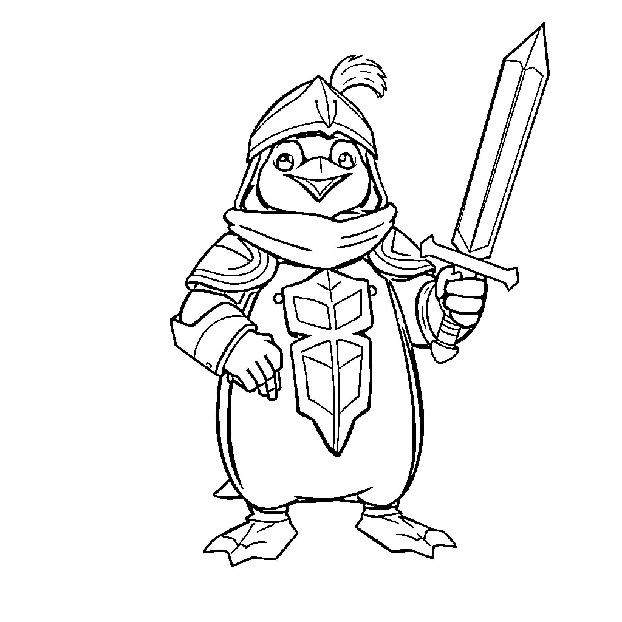 Penguin warrior wielding a sword Coloring Page (free black-and-white line drawing printable PDF for all, from beginners to advanced learners, including children, teens, adults, and seniors)