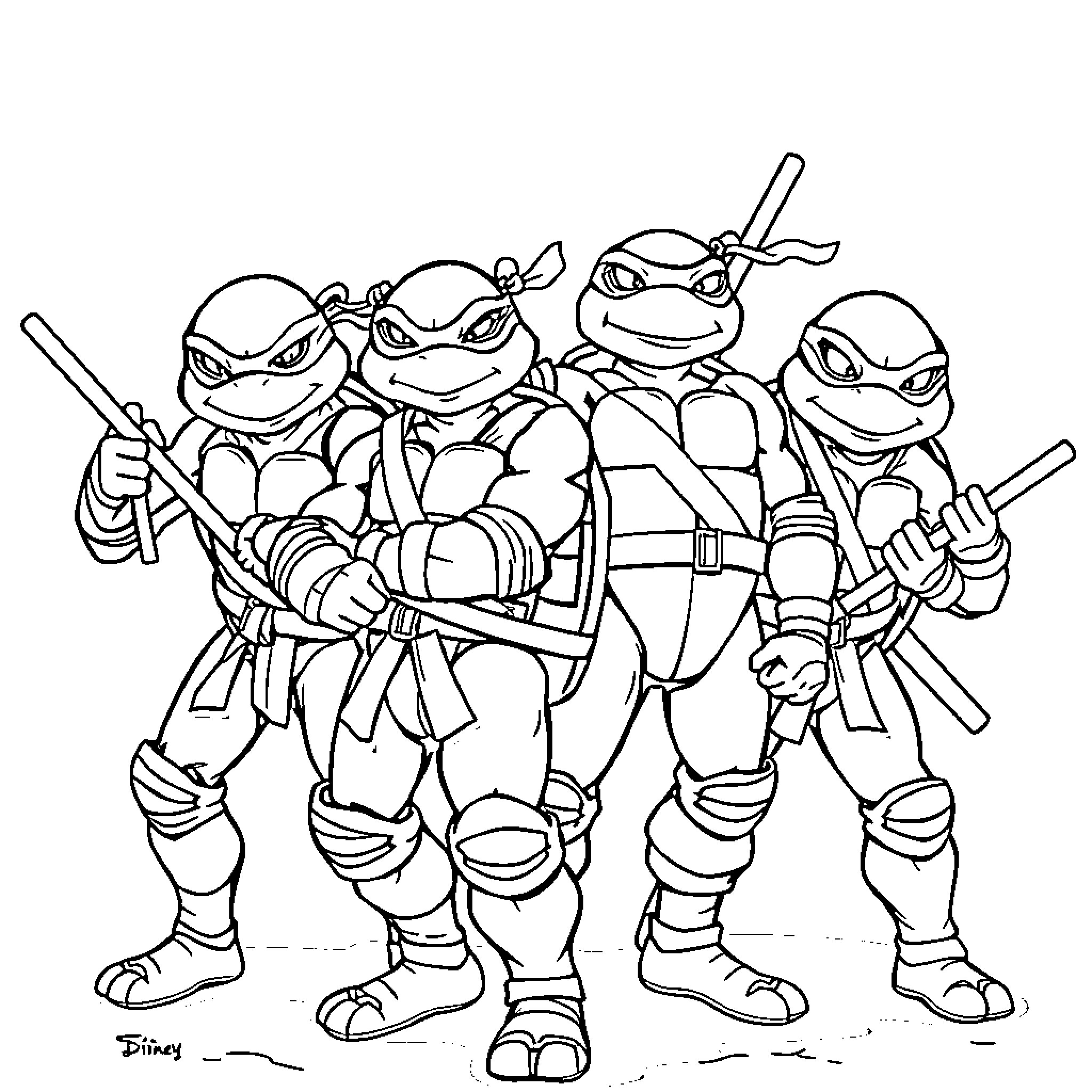 Ninja Turtles in Action Poses Coloring Page (free black-and-white line drawing printable PDF for all, from beginners to advanced learners, including children, teens, adults, and seniors)