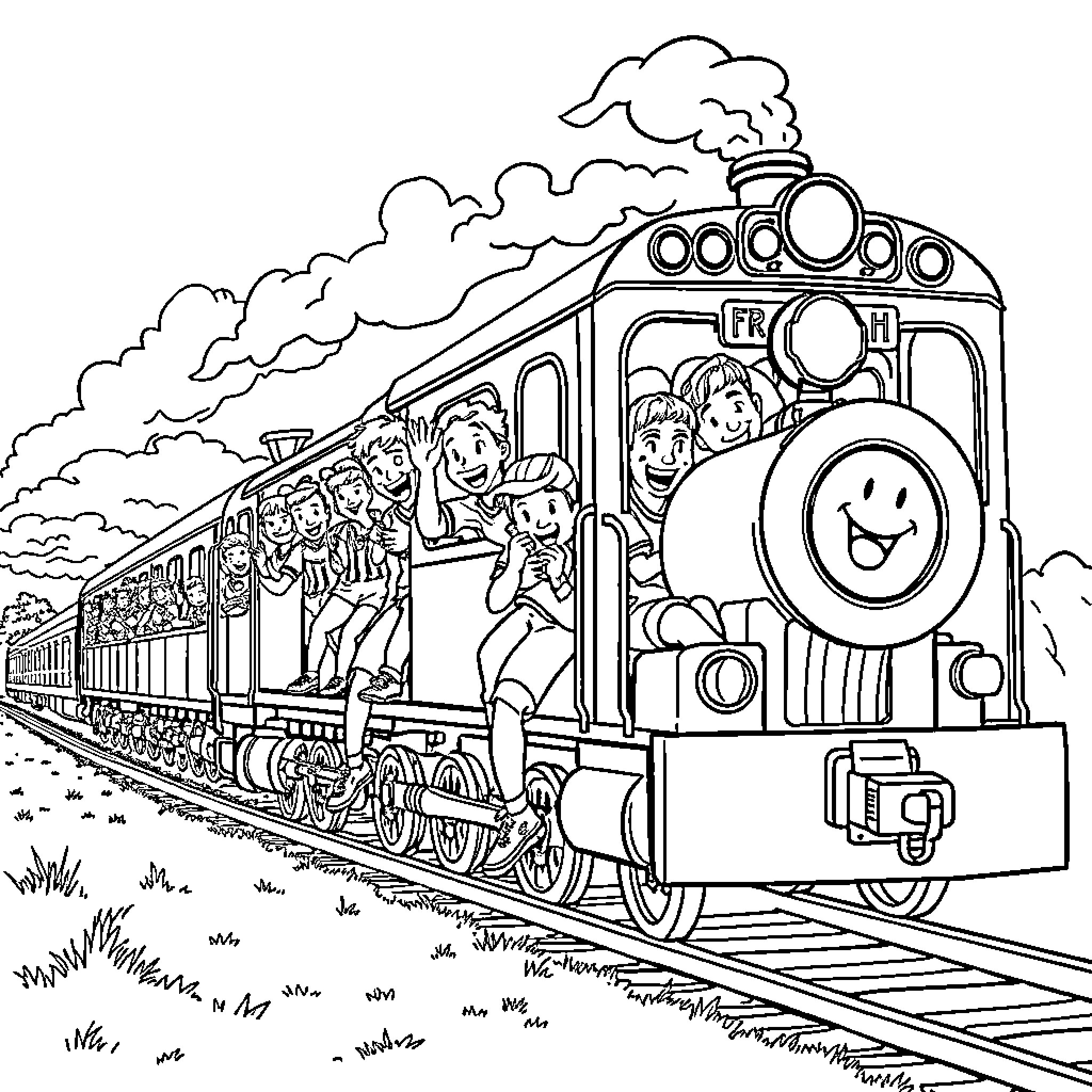 Train carrying happy passengers through the countryside Coloring Page (free black-and-white line drawing printable PDF for all, from beginners to advanced learners, including children, teens, adults, and seniors)