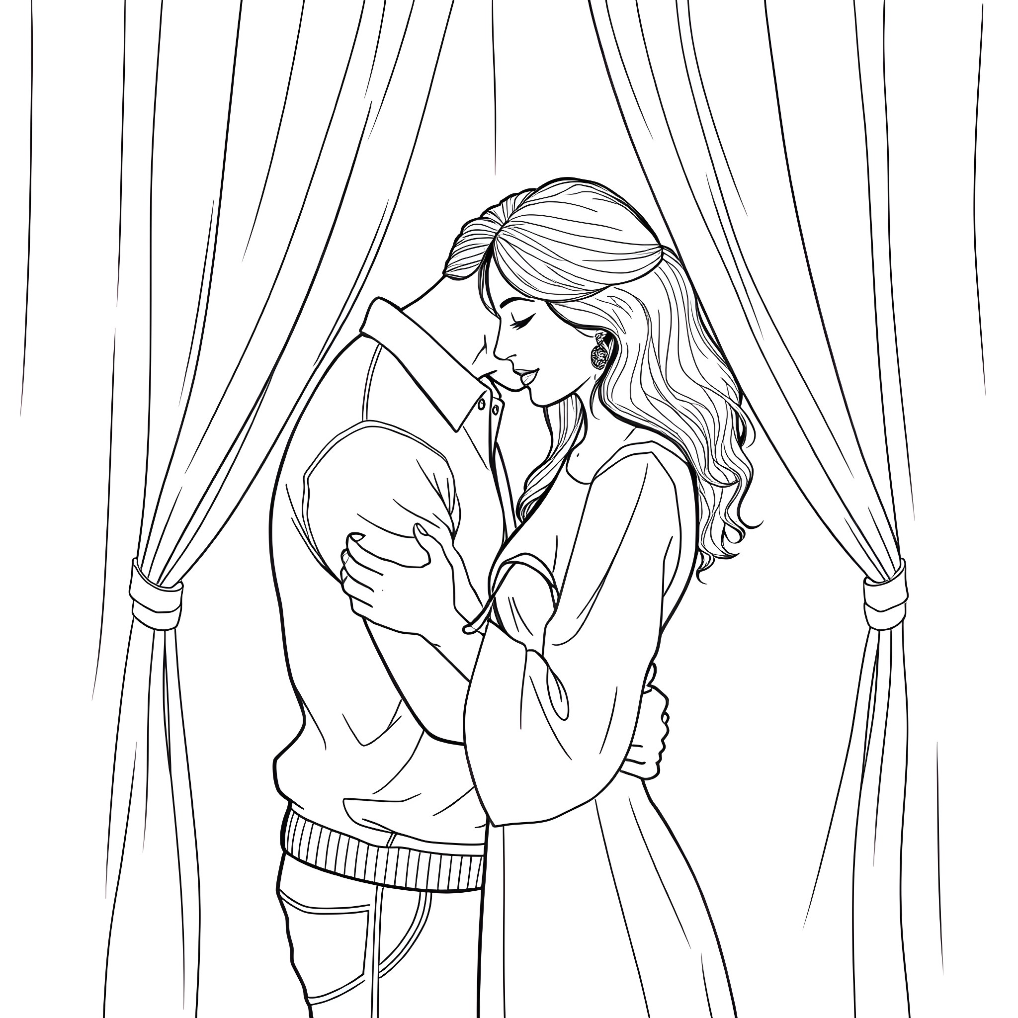 Couple embracing in a tender moment Coloring Page (free black-and-white line drawing printable PDF for all, from beginners to advanced learners, including children, teens, adults, and seniors)