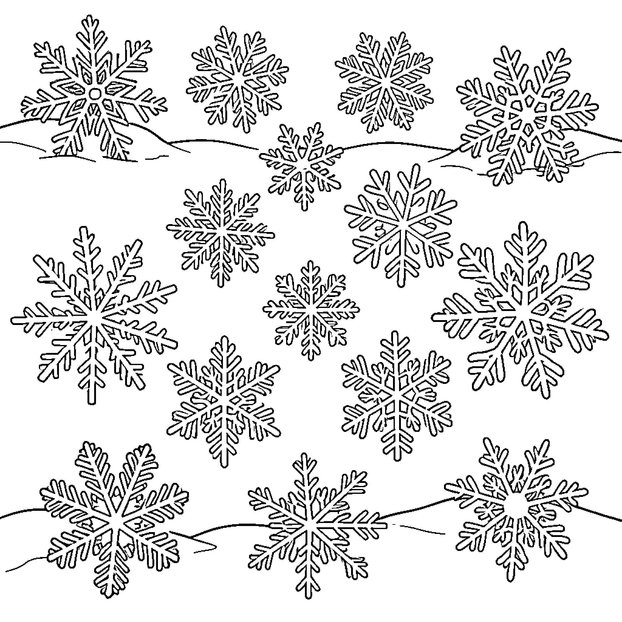 Snowflake patterns falling gently over snowy hills Coloring Page (free black-and-white line drawing printable PDF for all, from beginners to advanced learners, including children, teens, adults, and seniors)