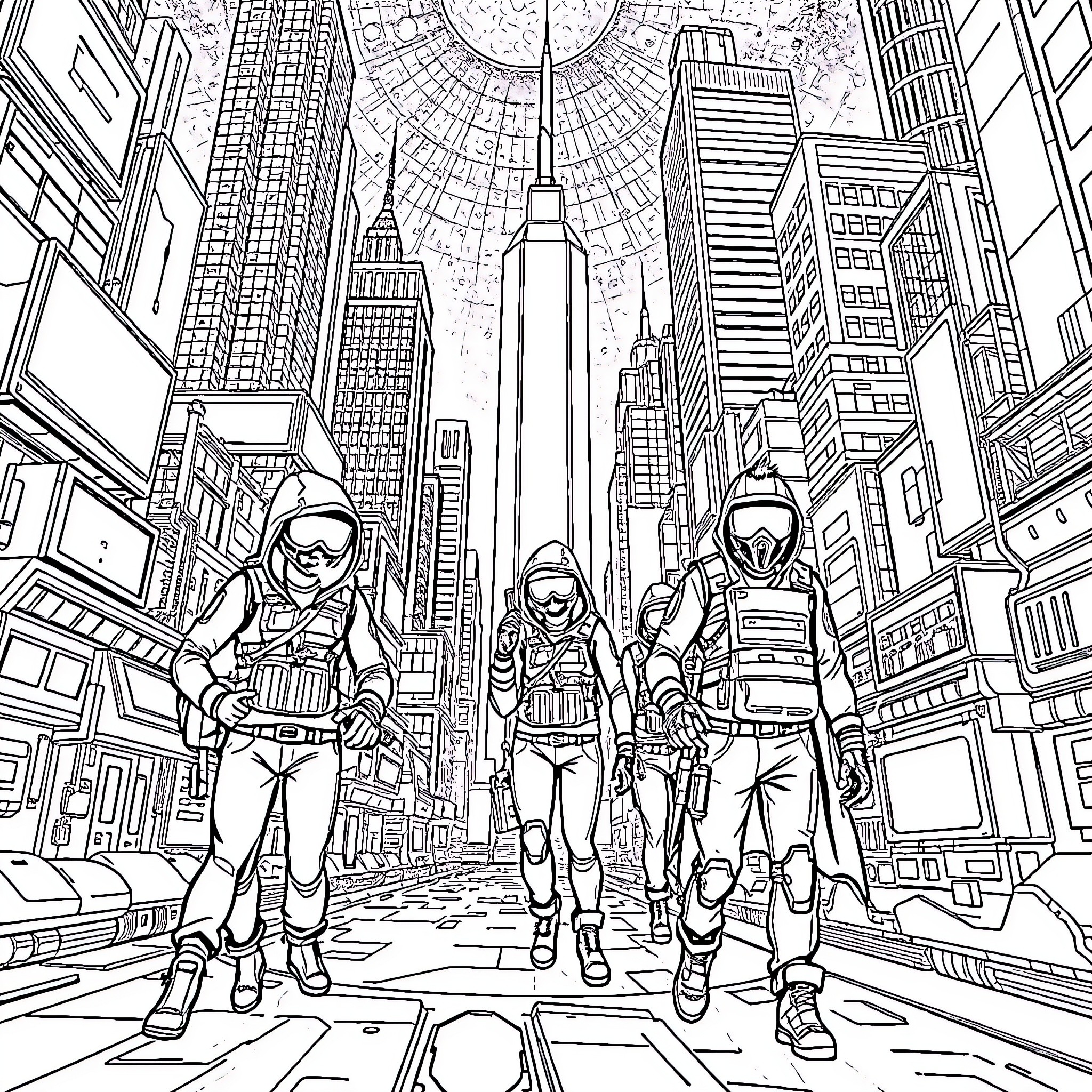 Edgerunners in the Cyberpunk City Coloring Page (free black-and-white line drawing printable PDF for all, from beginners to advanced learners, including children, teens, adults, and seniors)