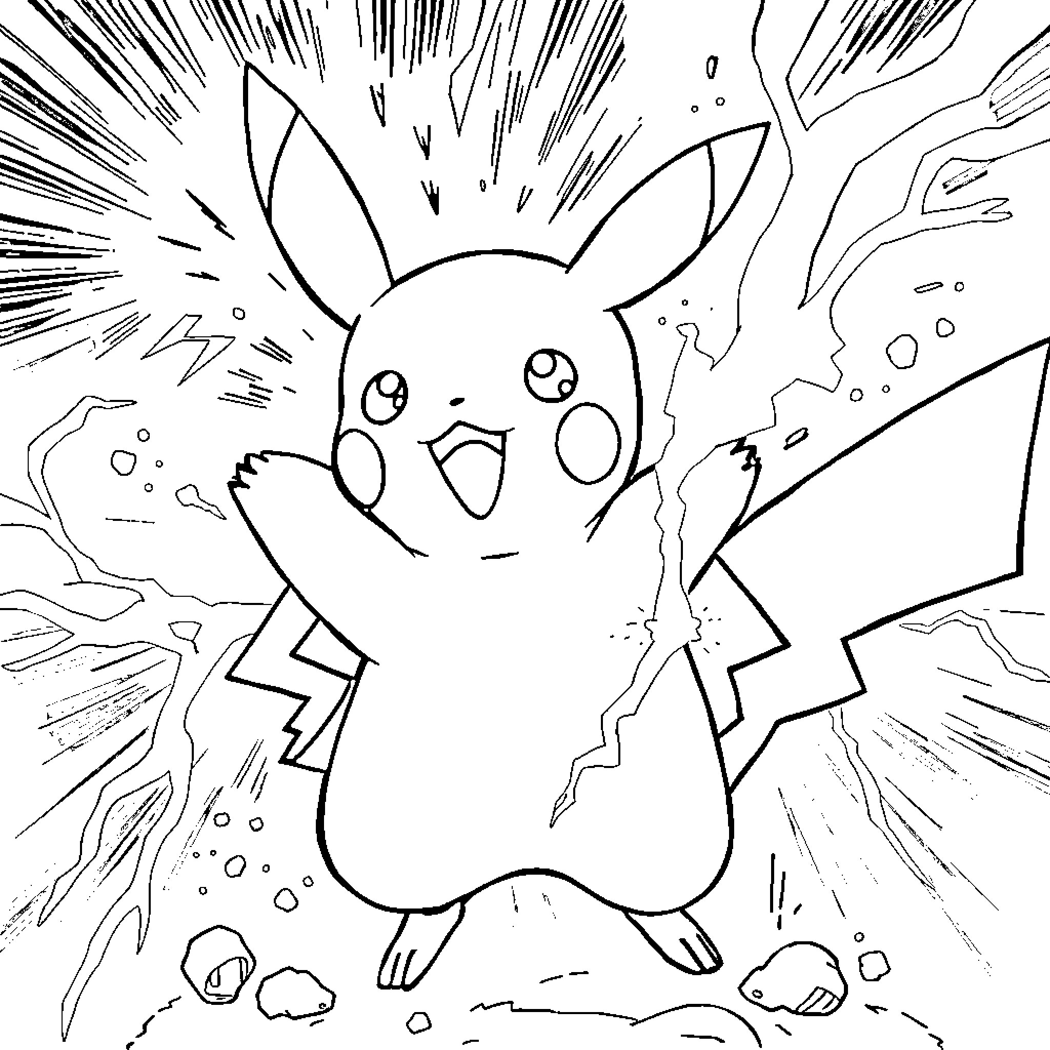 Pikachu's Electrifying Adventure Coloring Page (free black-and-white line drawing printable PDF for all, from beginners to advanced learners, including children, teens, adults, and seniors)