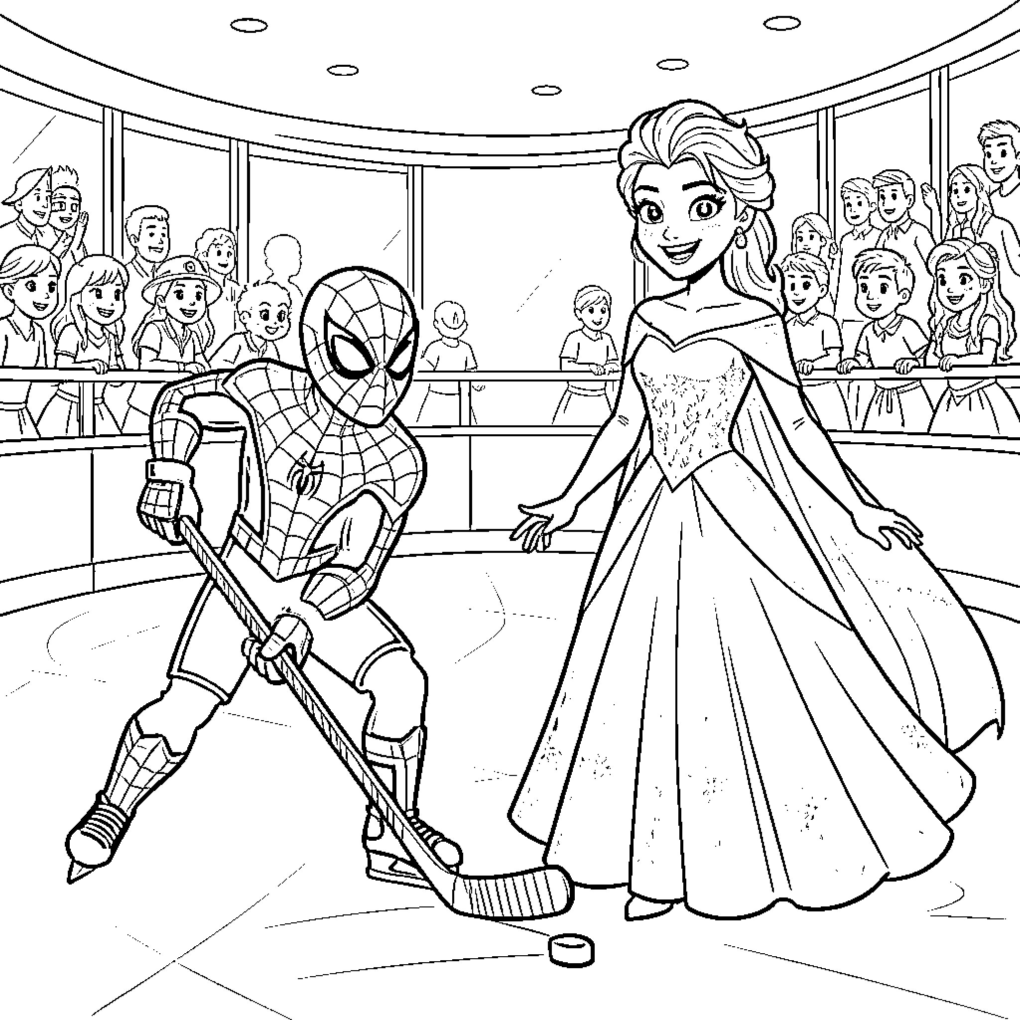 Spidey and the Enchanted Princess at the Hockey Rink Coloring Page (free black-and-white line drawing printable PDF for all, from beginners to advanced learners, including children, teens, adults, and seniors)