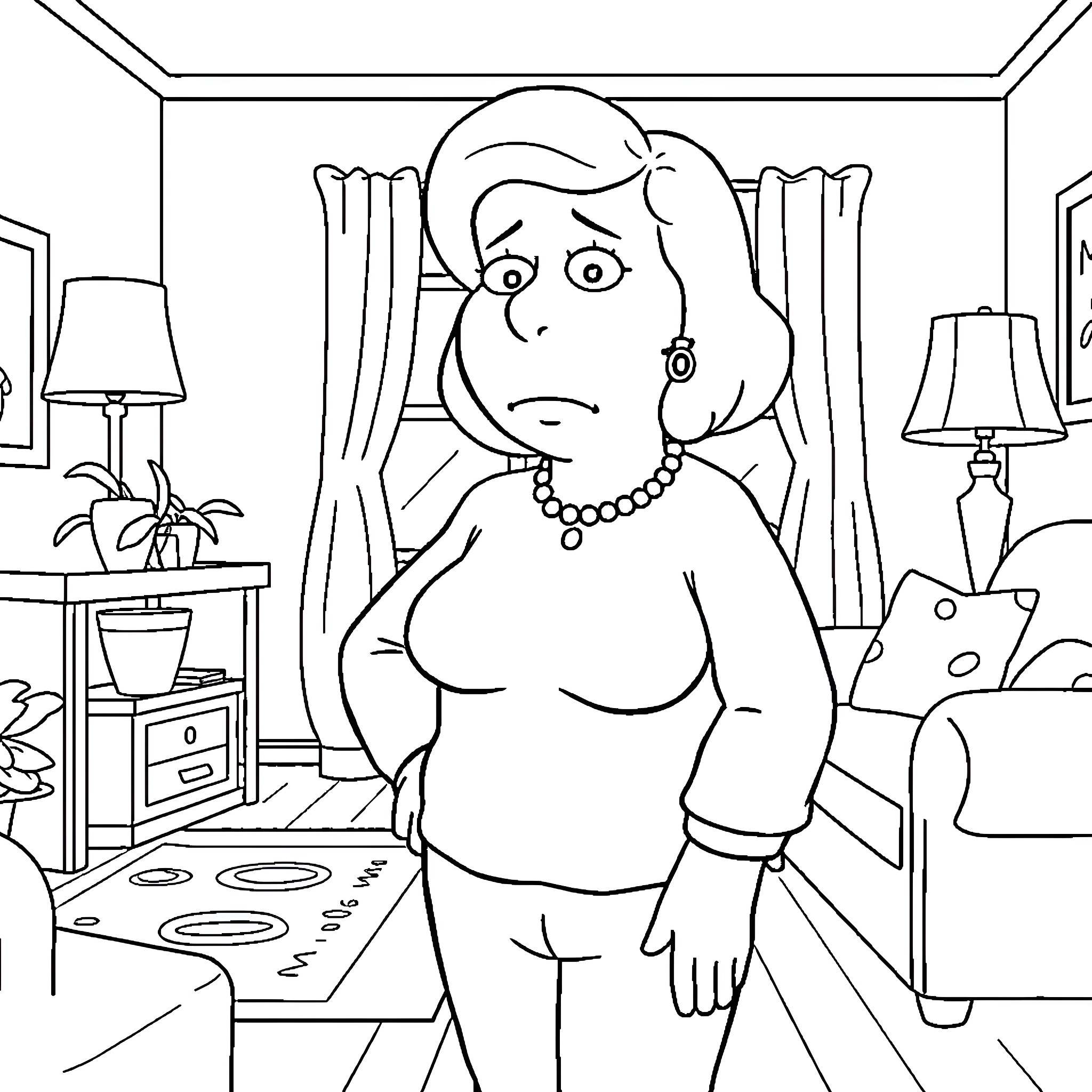 Lois Griffin in a contemplative mood at home Coloring Page (free black-and-white line drawing printable PDF for all, from beginners to advanced learners, including children, teens, adults, and seniors)