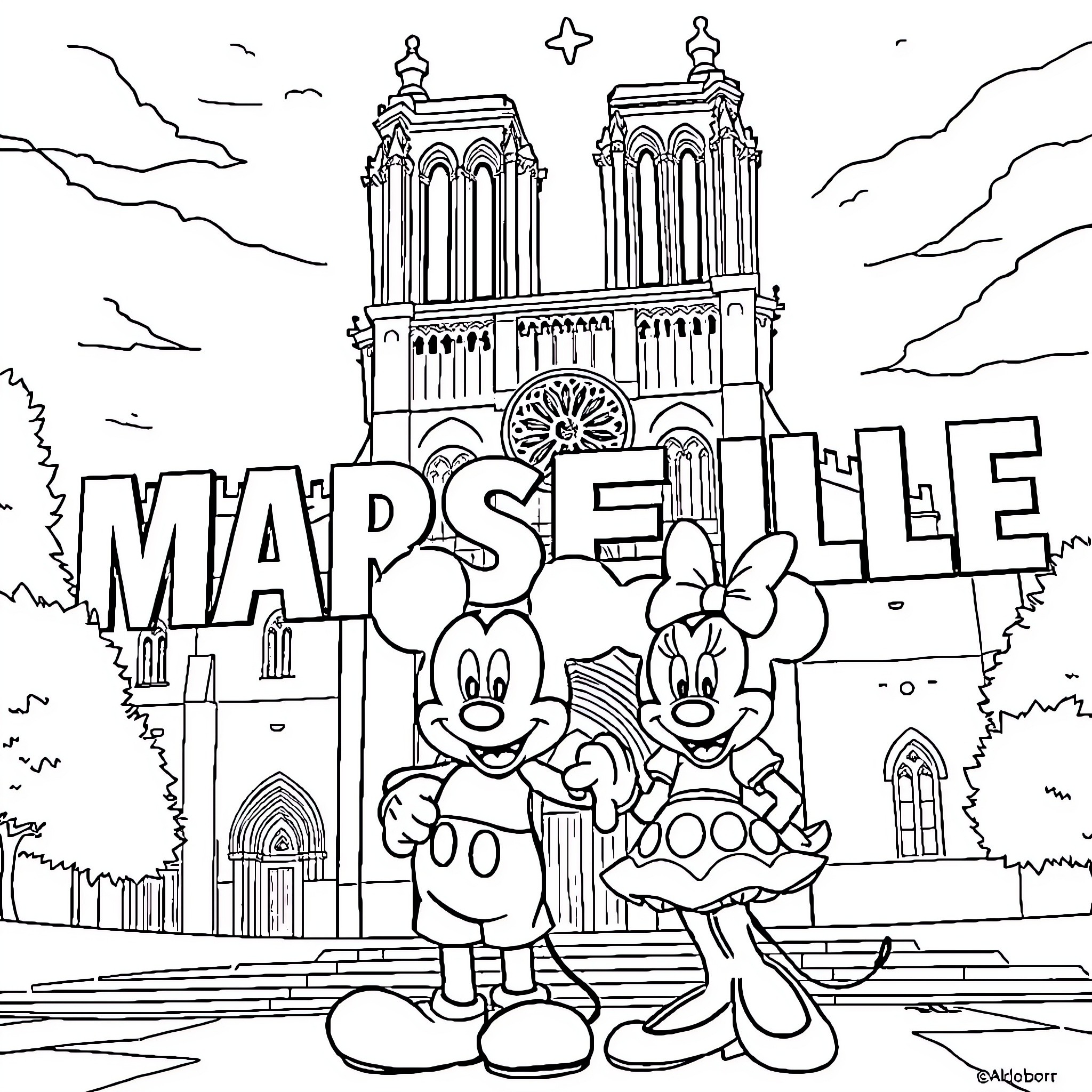 Mickey and Minnie in Marseille with Cathedral Coloring Page (free black-and-white line drawing printable PDF for all, from beginners to advanced learners, including children, teens, adults, and seniors)
