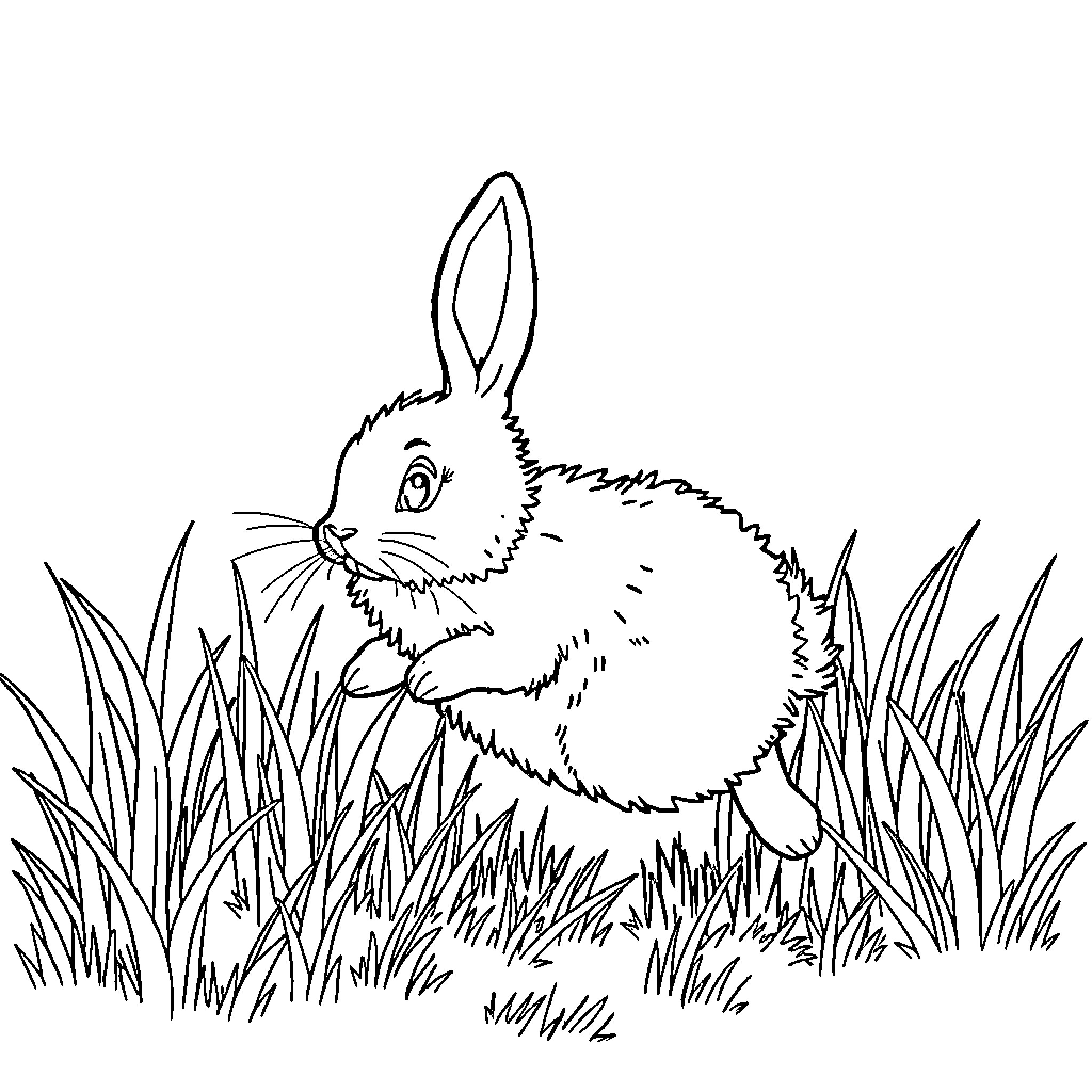 Rabbit hiding in the tall grass Coloring Page (free black-and-white line drawing printable PDF for all, from beginners to advanced learners, including children, teens, adults, and seniors)