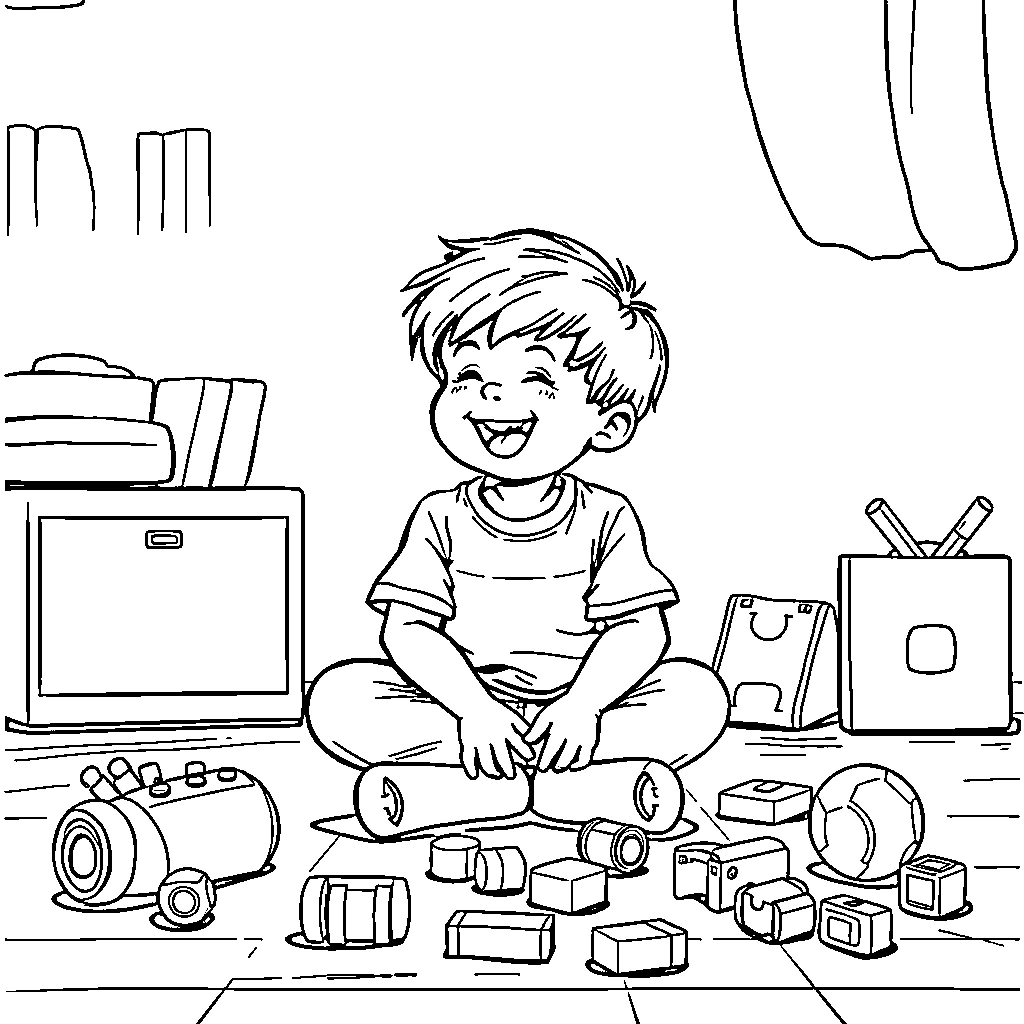 Boy playing happily with toys in his room Coloring Page (free black-and-white line drawing printable PDF for all, from beginners to advanced learners, including children, teens, adults, and seniors)