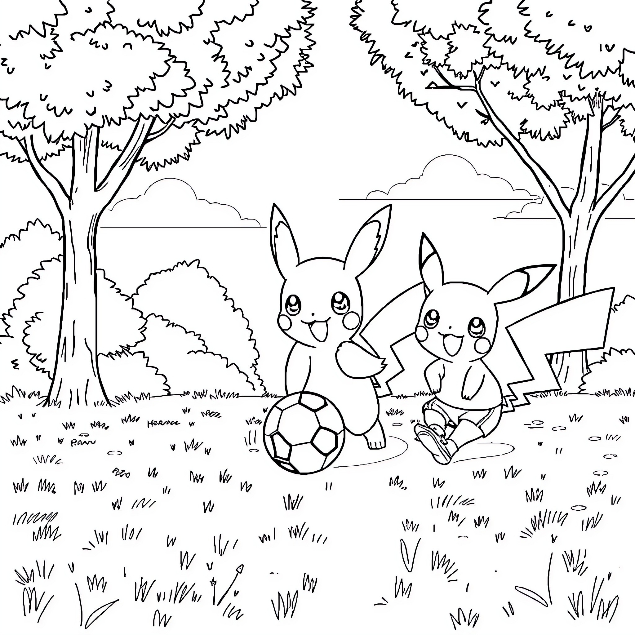 Pokémon playing with a soccer ball in the forest Coloring Page (free black-and-white line drawing printable PDF for all, from beginners to advanced learners, including children, teens, adults, and seniors)