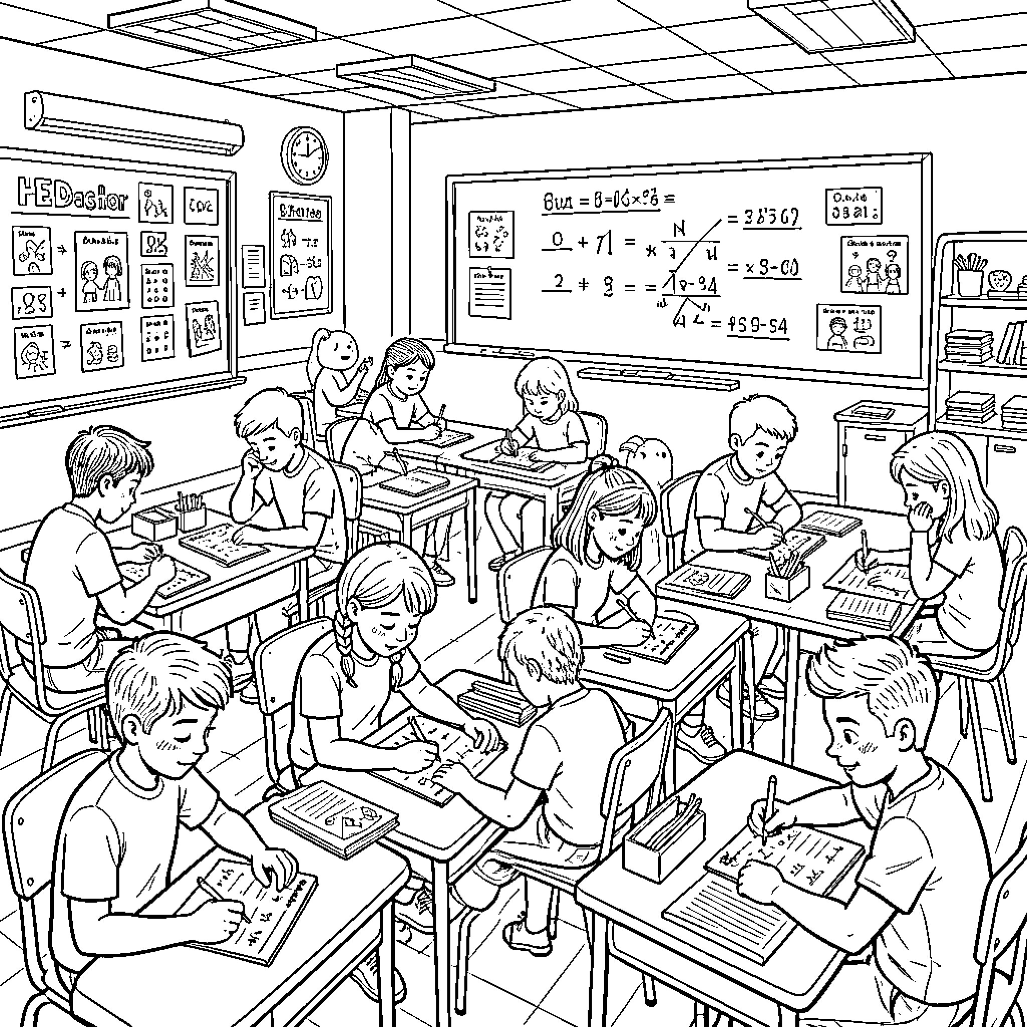 Mathematics students focused on solving equations at desks Coloring Page (free black-and-white line drawing printable PDF for all, from beginners to advanced learners, including children, teens, adults, and seniors)