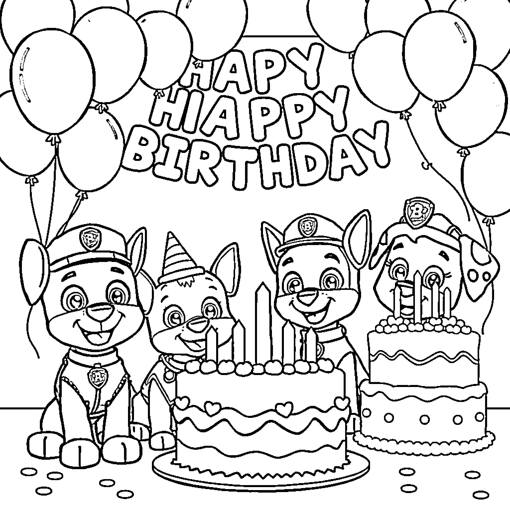 Paw Patrol Birthday Celebration with Cake and Balloons Coloring Page (free black-and-white line drawing printable PDF for all, from beginners to advanced learners, including children, teens, adults, and seniors)