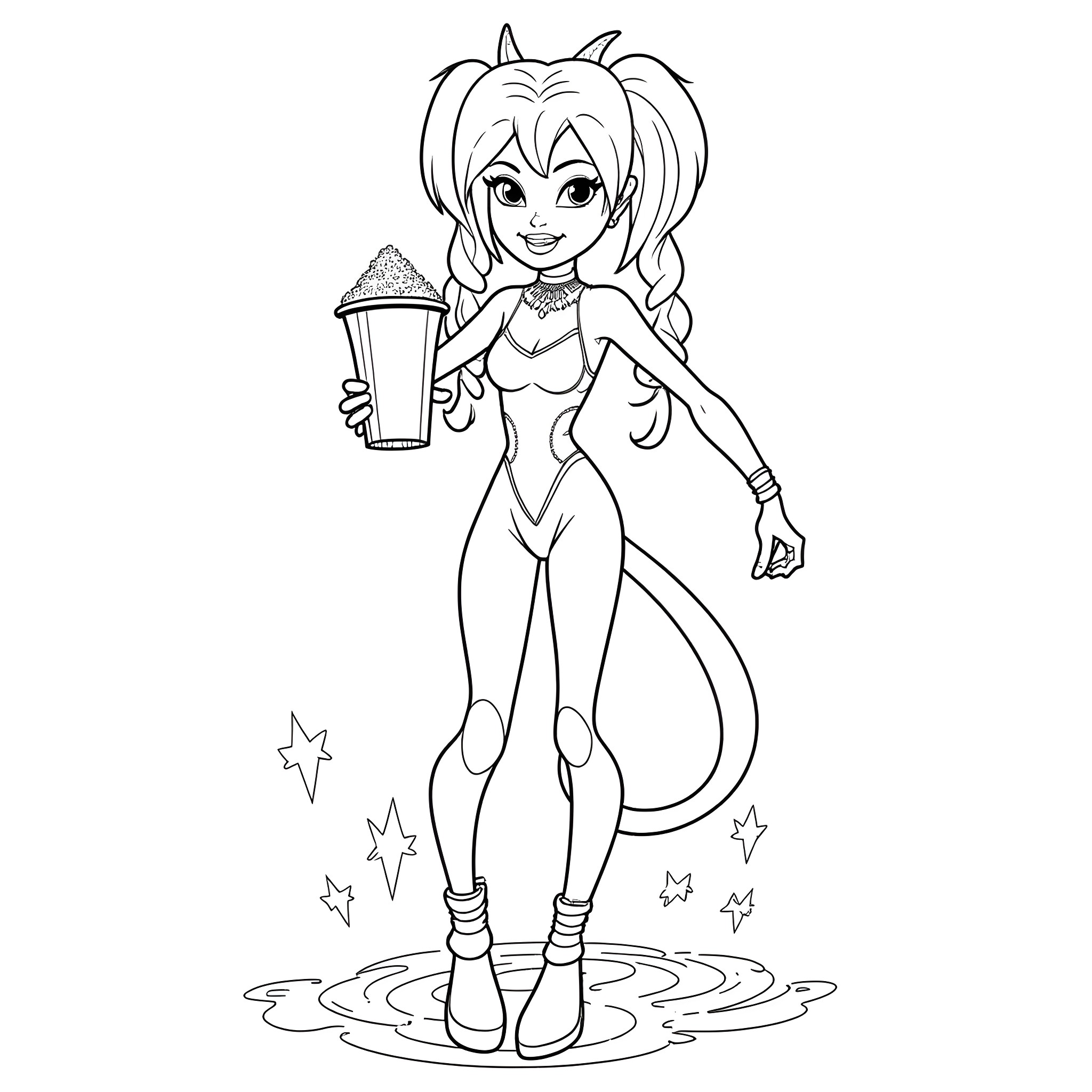 Jinx's Magical Potion Coloring Page (free black-and-white line drawing printable PDF for all, from beginners to advanced learners, including children, teens, adults, and seniors)