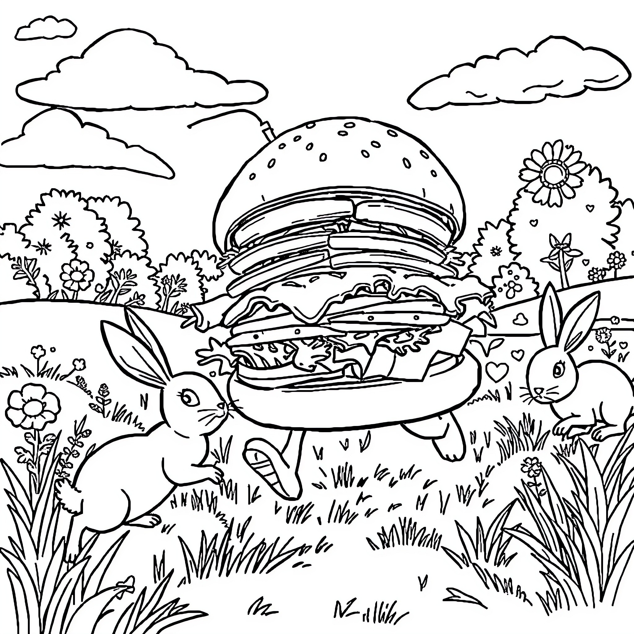 Hamburger in a whimsical outdoor scene with rabbits Coloring Page (free black-and-white line drawing printable PDF for all, from beginners to advanced learners, including children, teens, adults, and seniors)