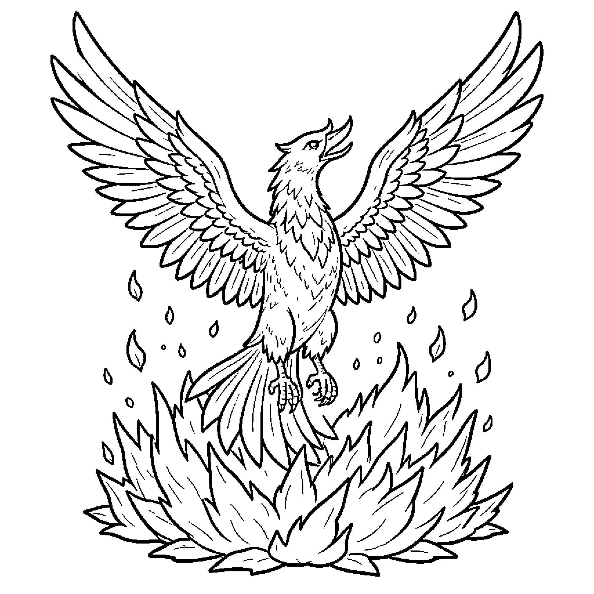 Phoenix rising majestically from intense flames Coloring Page (free black-and-white line drawing printable PDF for all, from beginners to advanced learners, including children, teens, adults, and seniors)