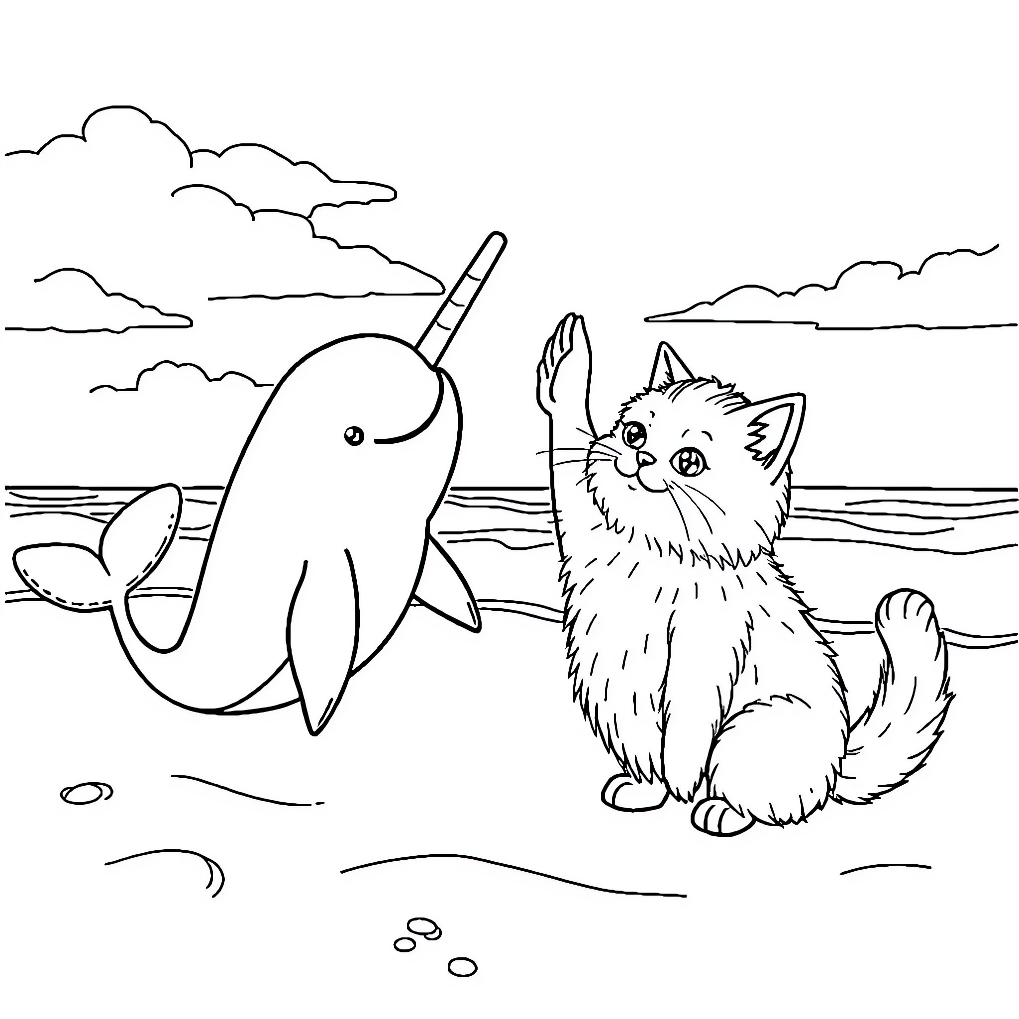 Narwhal and curious kitten by the sea Coloring Page (free black-and-white line drawing printable PDF for all, from beginners to advanced learners, including children, teens, adults, and seniors)