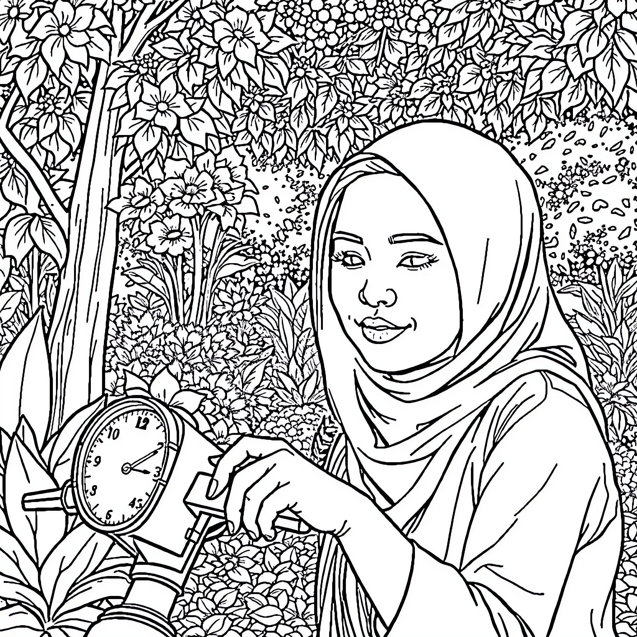 Rider with floral headdress in an enchanting garden Coloring Page (free black-and-white line drawing printable PDF for all, from beginners to advanced learners, including children, teens, adults, and seniors)
