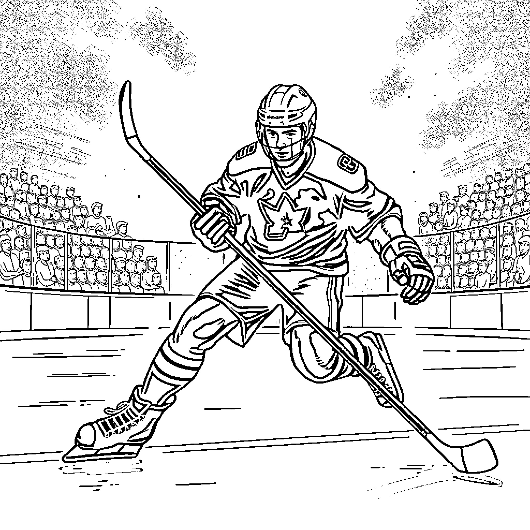 Football Player Skating on the Ice Rink Coloring Page (free black-and-white line drawing printable PDF for all, from beginners to advanced learners, including children, teens, adults, and seniors)