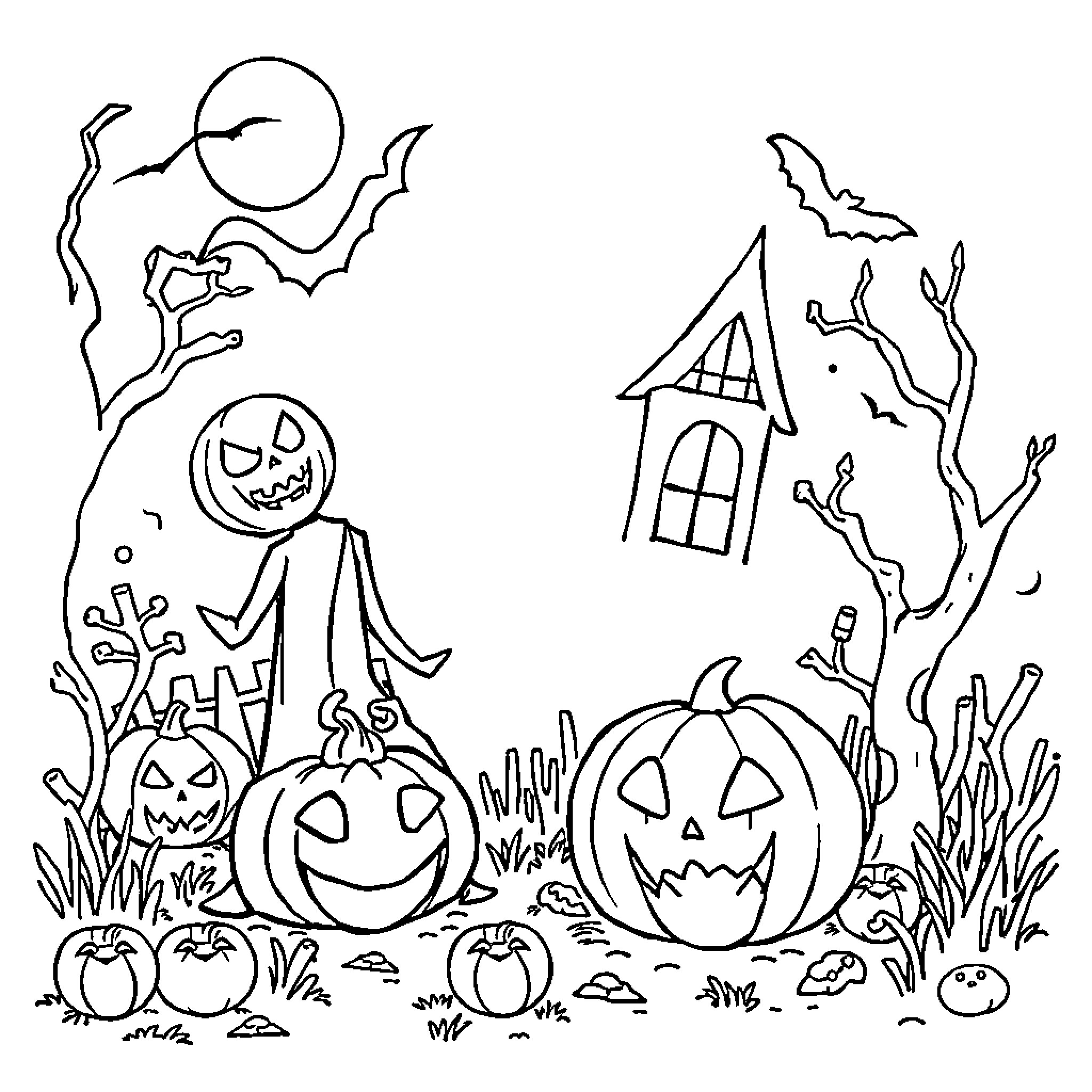 Halloween Night with Spooky Pumpkins and Haunted House Coloring Page (free black-and-white line drawing printable PDF for all, from beginners to advanced learners, including children, teens, adults, and seniors)