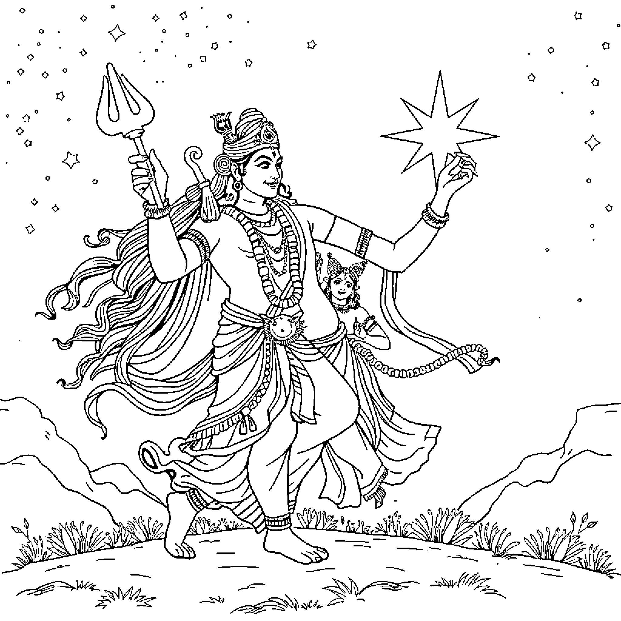 Lord Shiva performing cosmic dance under the night sky Coloring Page (free black-and-white line drawing printable PDF for all, from beginners to advanced learners, including children, teens, adults, and seniors)
