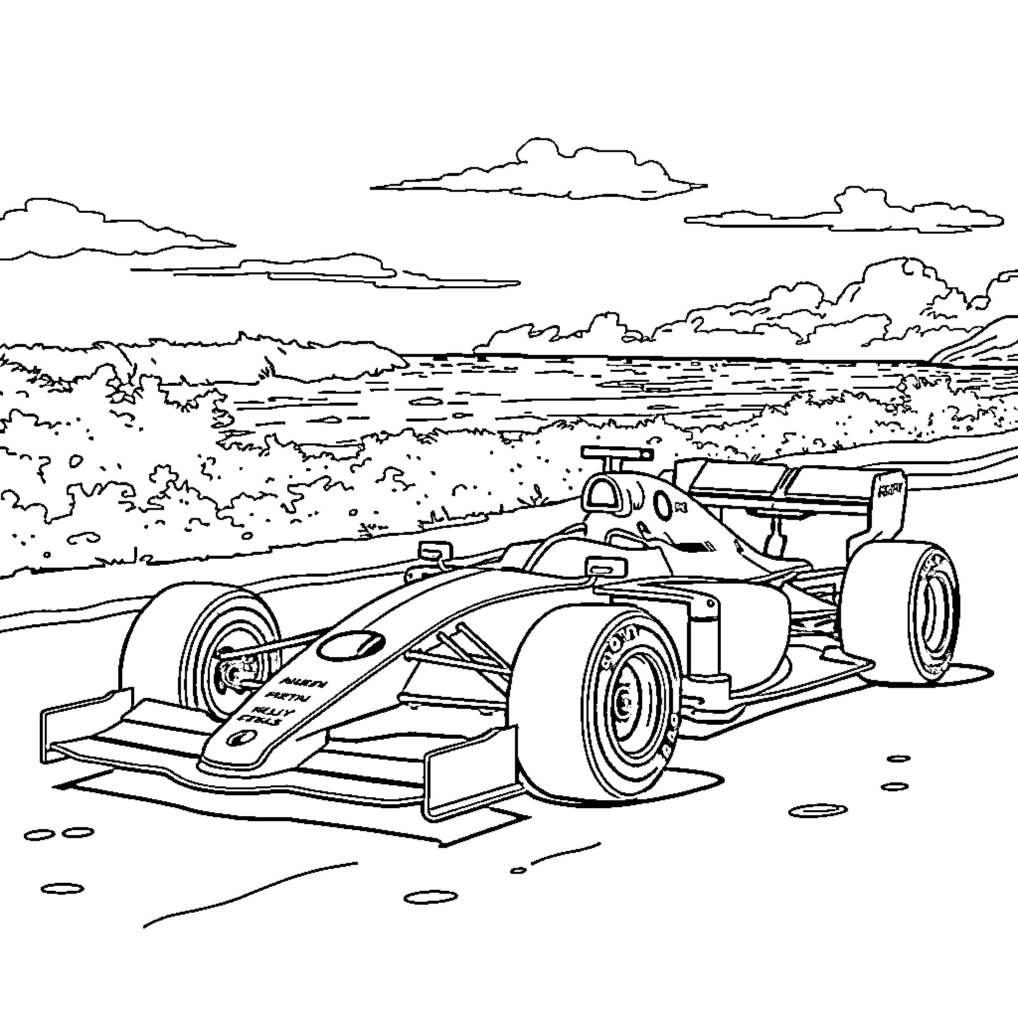 F1 Car racing on the track with scenic background Coloring Page (free black-and-white line drawing printable PDF for all, from beginners to advanced learners, including children, teens, adults, and seniors)