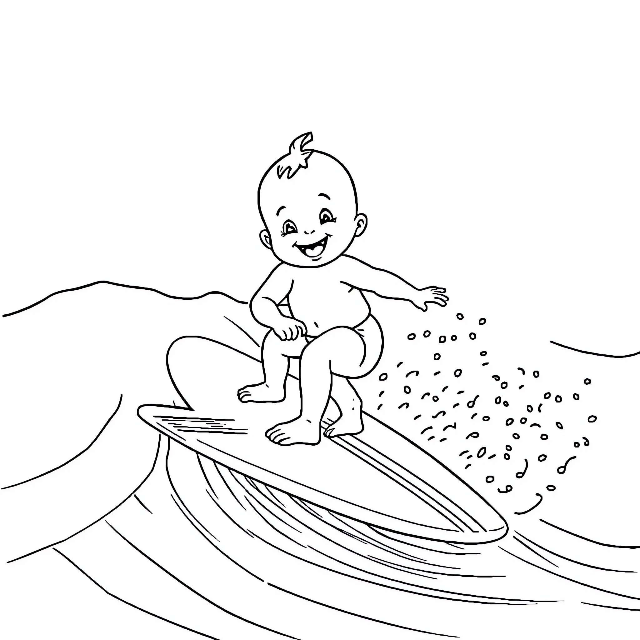 Baby playing happily on a surfboard in the ocean Coloring Page (free black-and-white line drawing printable PDF for all, from beginners to advanced learners, including children, teens, adults, and seniors)