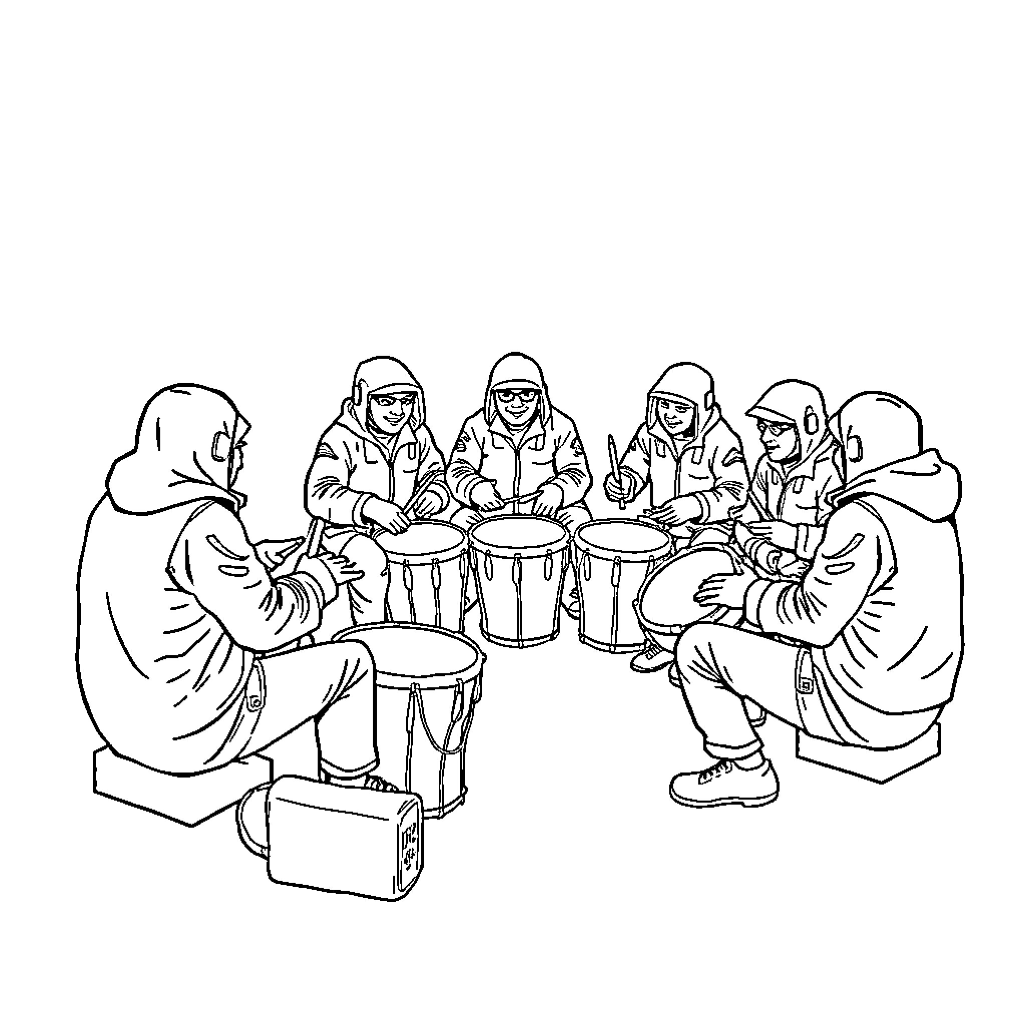 Ice Agent Drumline Performing Together Coloring Page (free black-and-white line drawing printable PDF for all, from beginners to advanced learners, including children, teens, adults, and seniors)