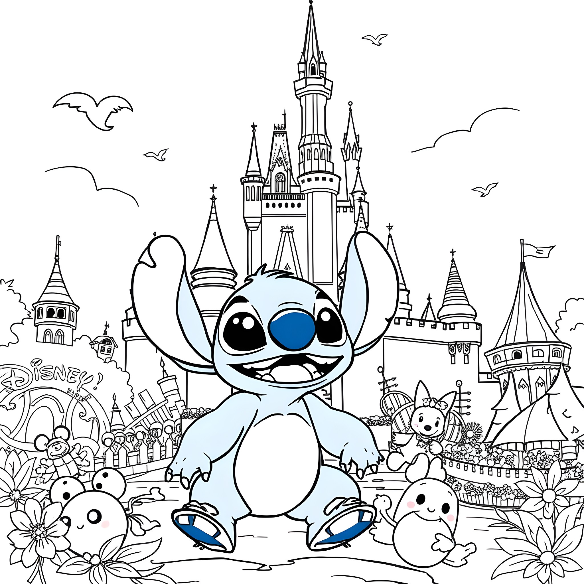 Stitch and friends explore a magical Disney landscape Coloring Page (free black-and-white line drawing printable PDF for all, from beginners to advanced learners, including children, teens, adults, and seniors)