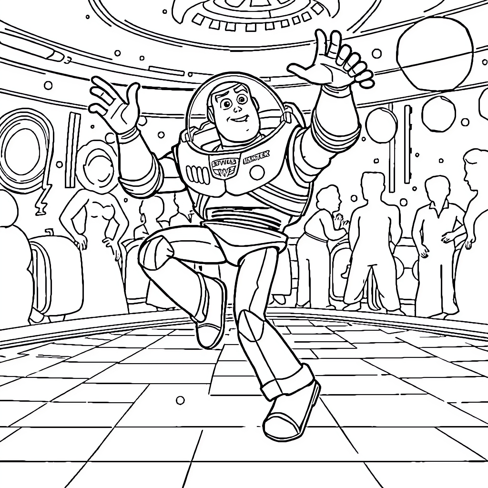 Buzz Lightyear floating in space with spaceship background Coloring Page (free black-and-white line drawing printable PDF for all, from beginners to advanced learners, including children, teens, adults, and seniors)
