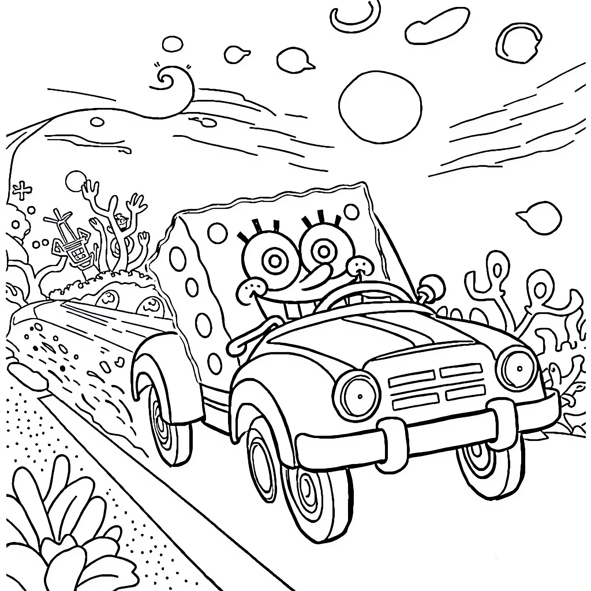 Spongebob driving a colorful vehicle through a fantastical landscape Coloring Page (free black-and-white line drawing printable PDF for all, from beginners to advanced learners, including children, teens, adults, and seniors)